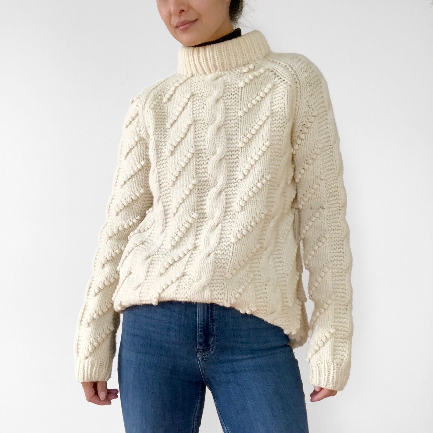 Handmade Wool Cable-Knit Bobble-Knit Pullover Sweater