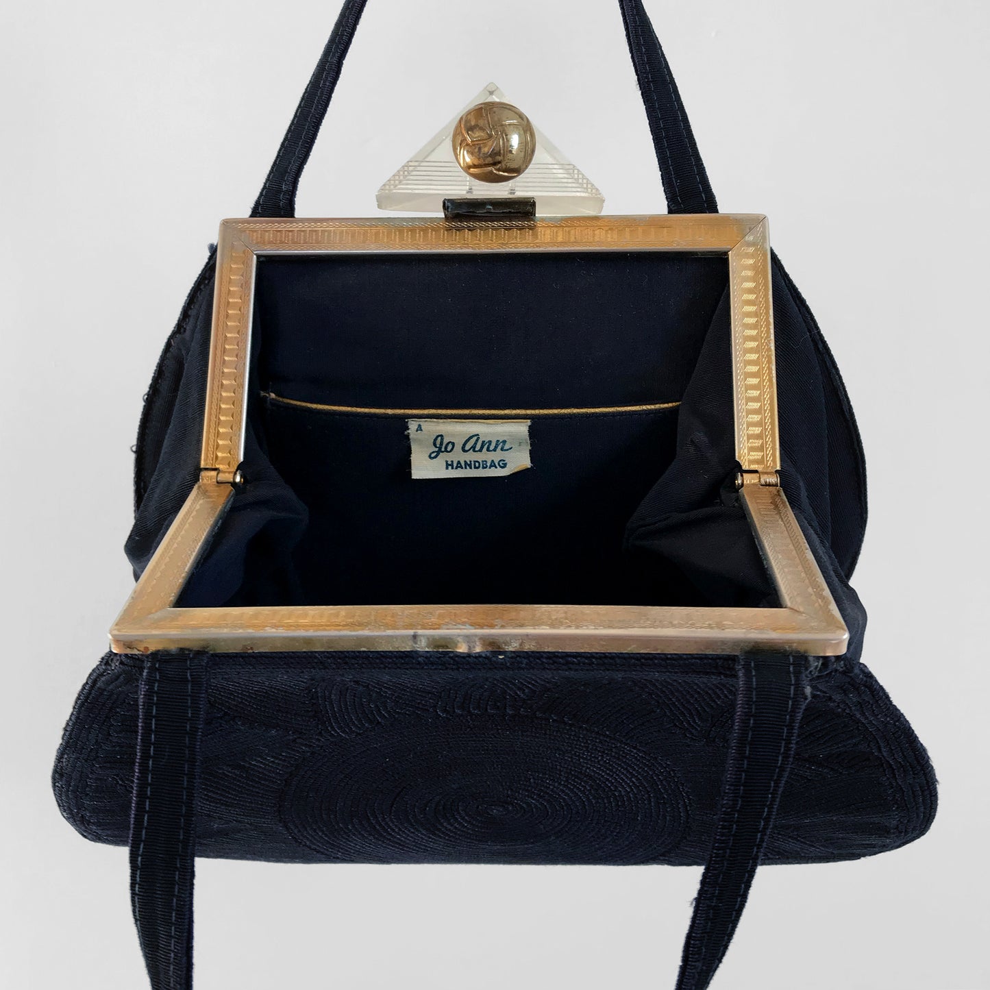 1960s Navy Blue and Gold Corded Triangle Clasp Handbag Purse