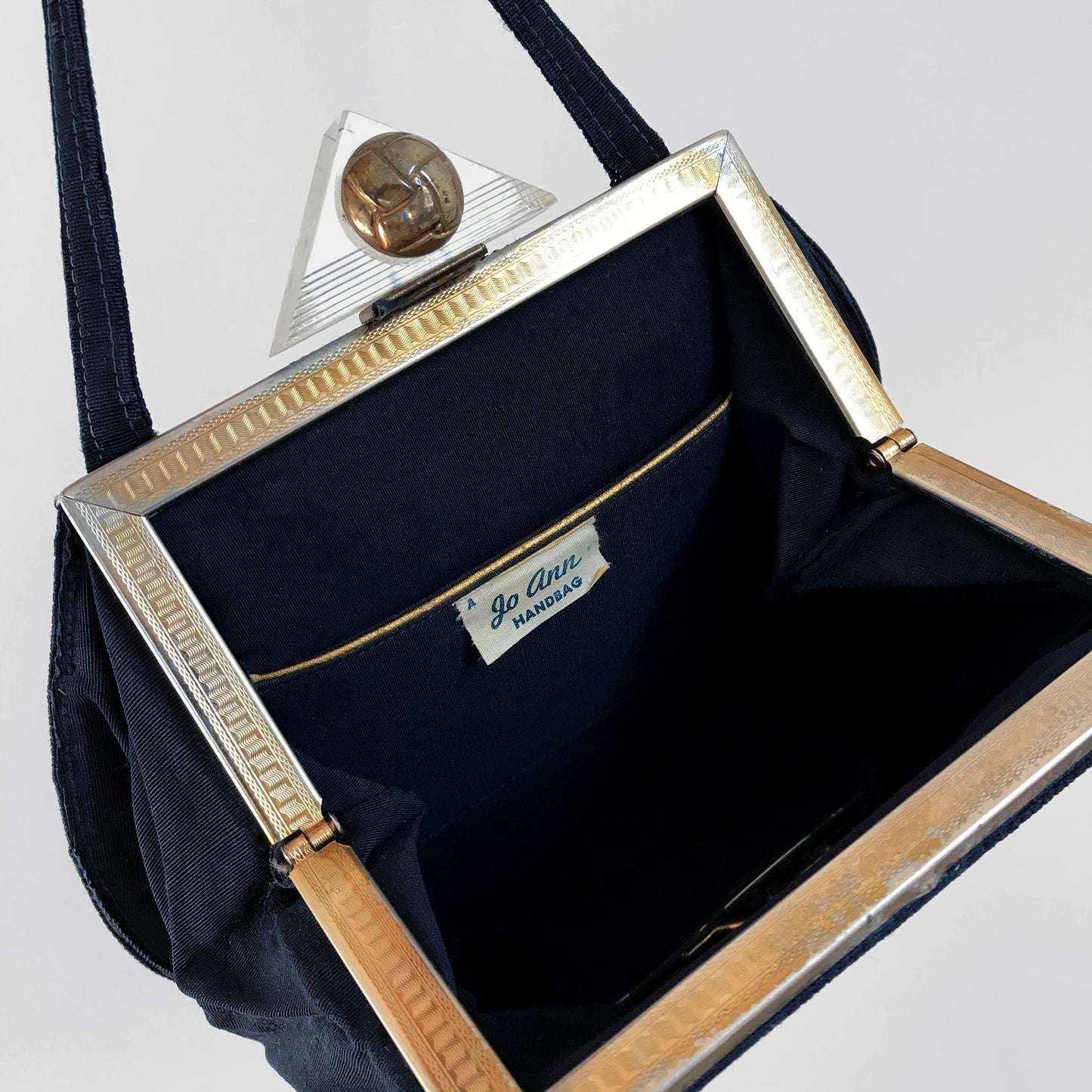 1960s Navy Blue and Gold Corded Triangle Clasp Handbag Purse