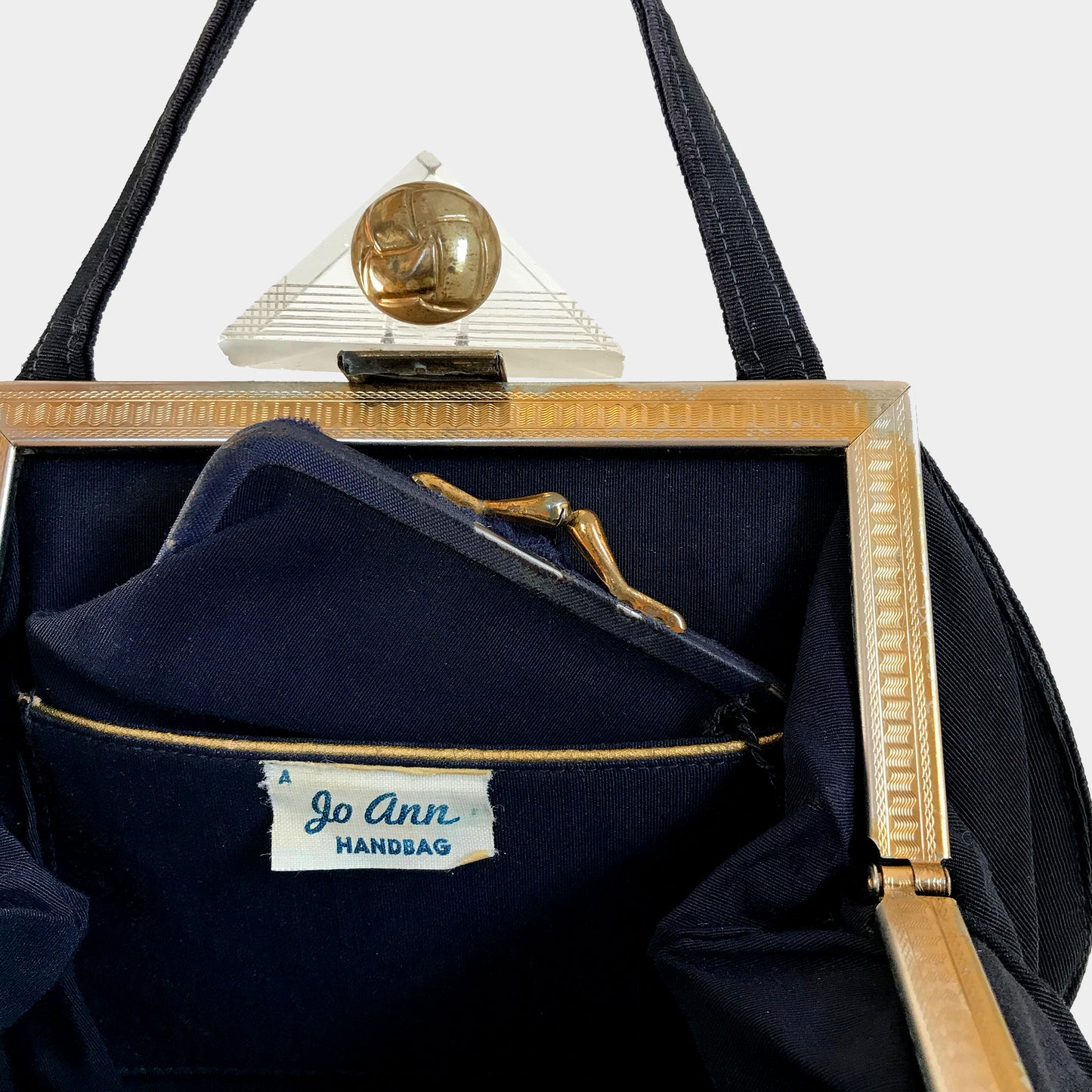 1960s Navy Blue and Gold Corded Triangle Clasp Handbag Purse