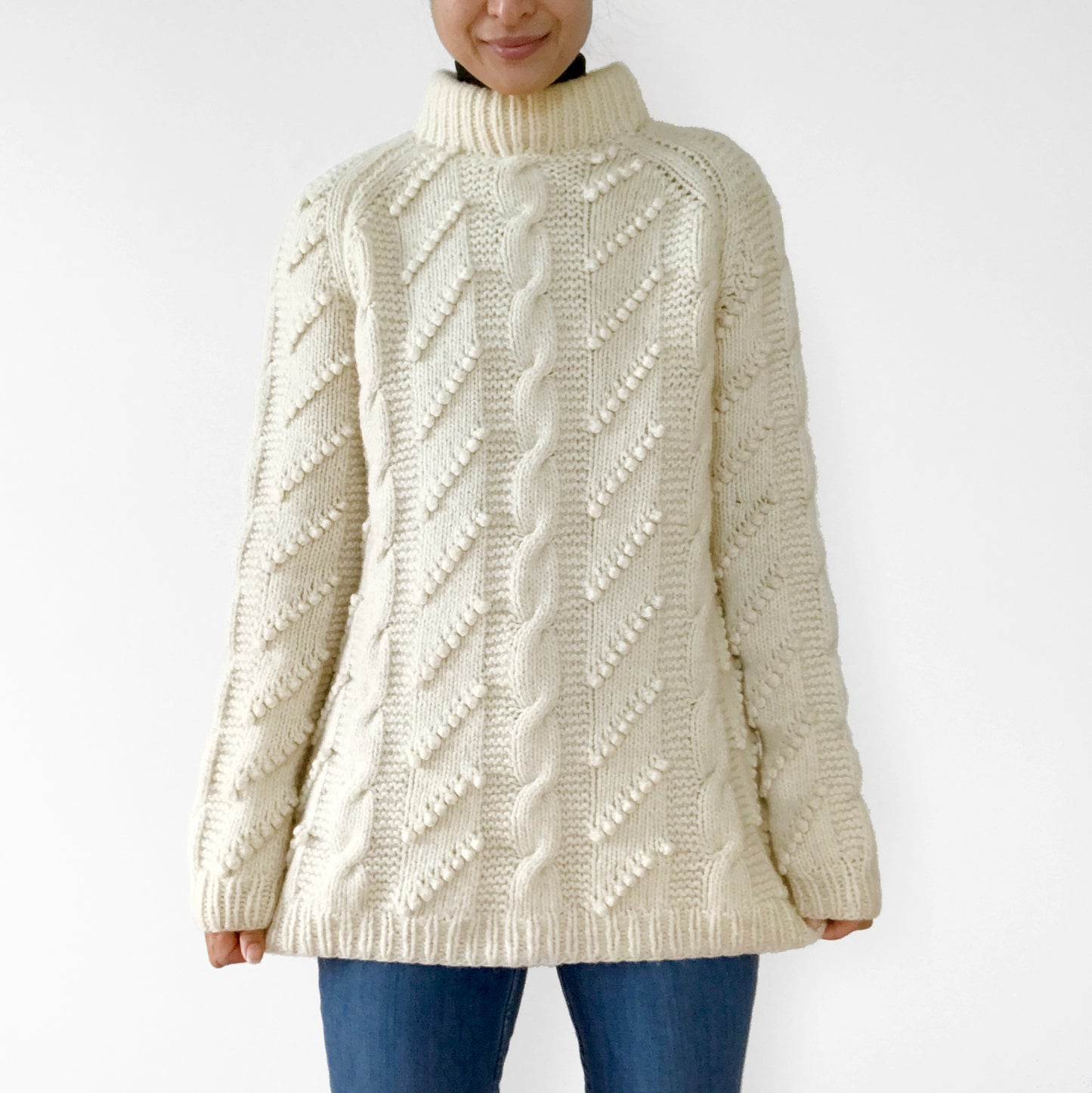 Handmade Wool Cable-Knit Bobble-Knit Pullover Sweater