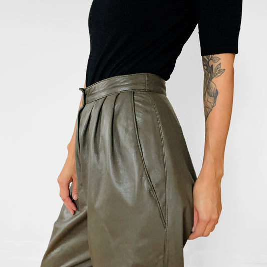 1980s Olive-Green Made in Canada High-Waisted Pleated Leather Tapered Trousers Pants