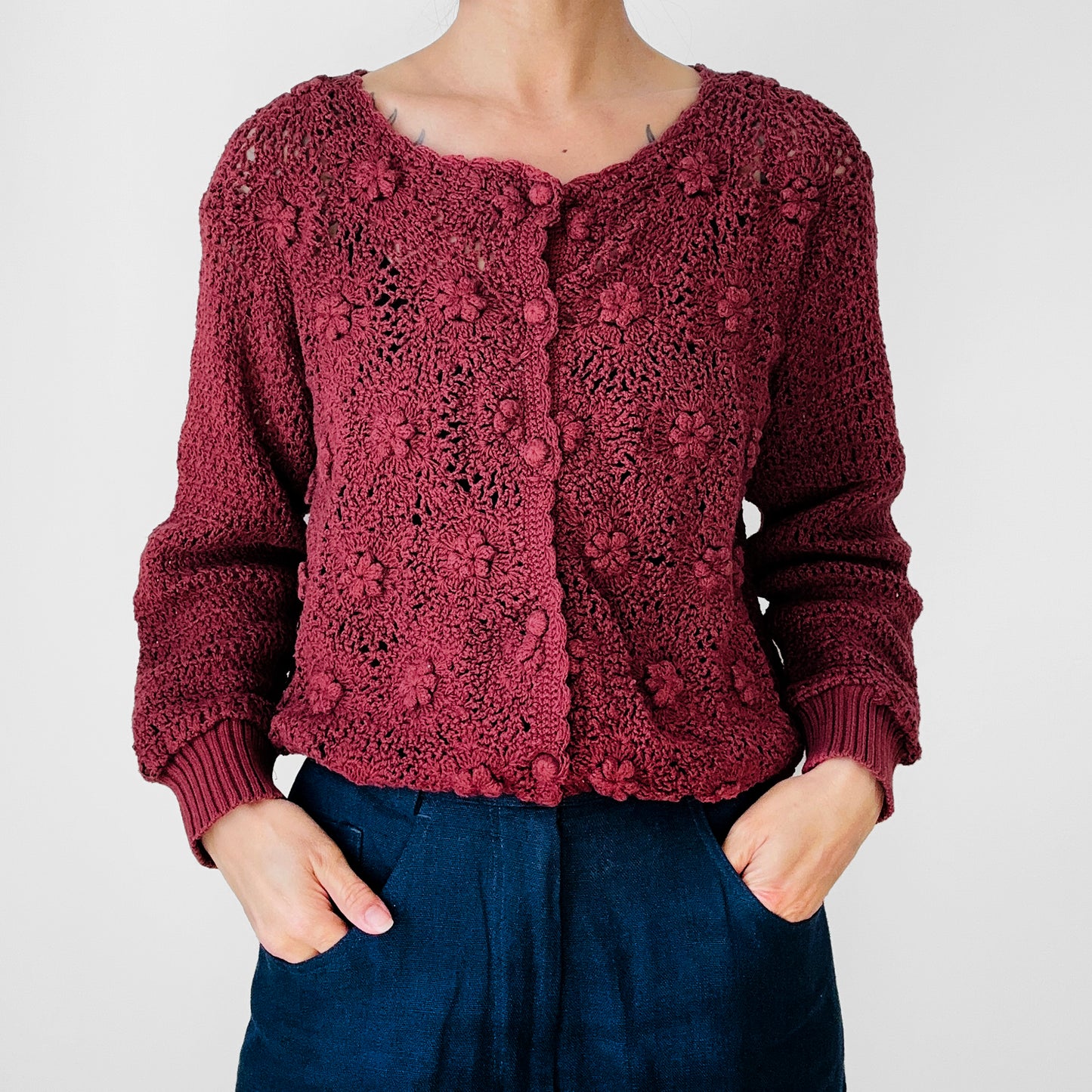 1990s Berry Toned Floral Crochet Knit Short-Waisted Cardigan Sweater