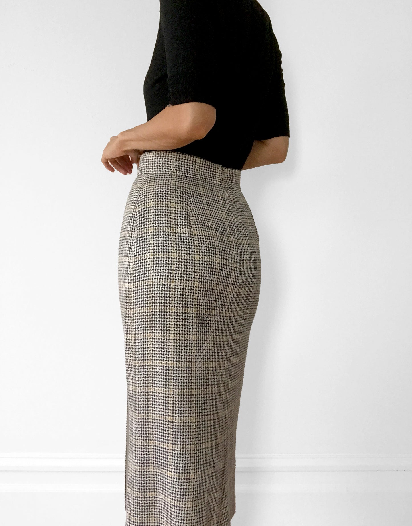 Made in the USA Black Grey and Yellow Gold-Buttoned Midi-Length High-Waisted Wool Plaid Skirt