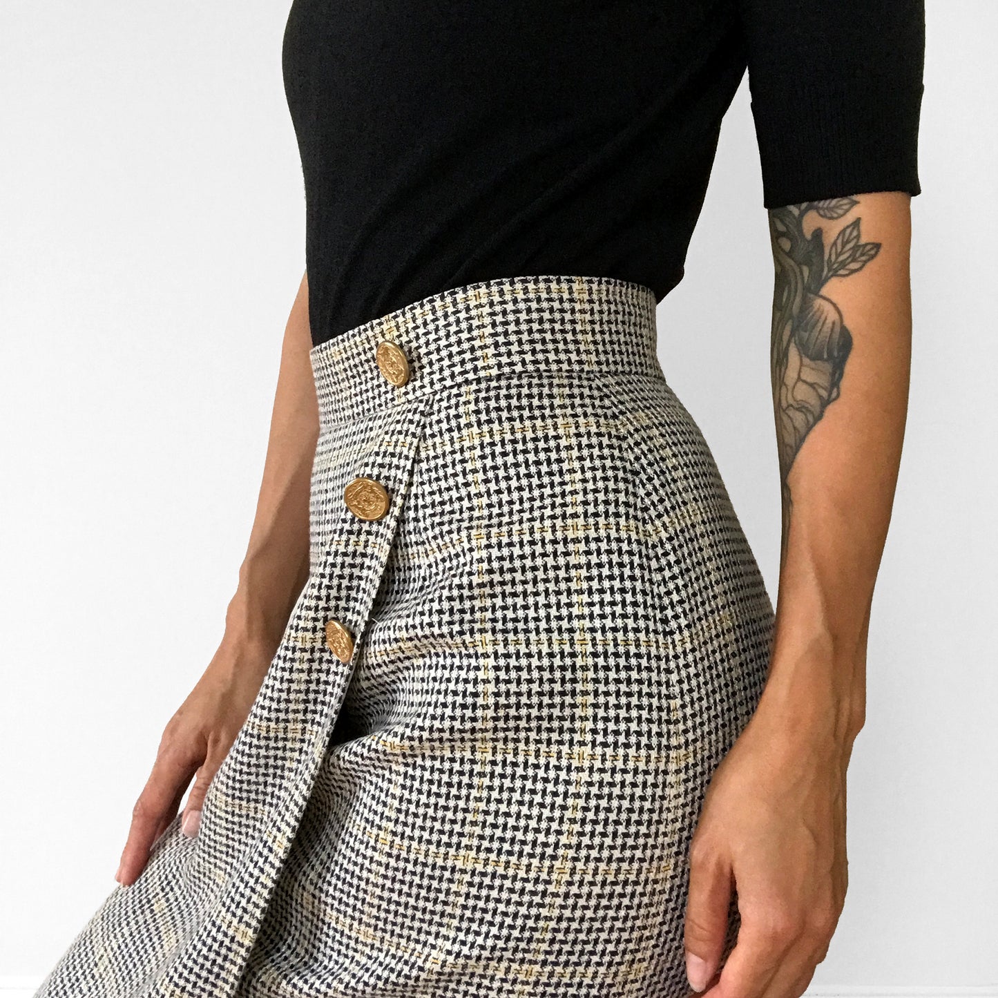 Made in the USA Black Grey and Yellow Gold-Buttoned Midi-Length High-Waisted Wool Plaid Skirt