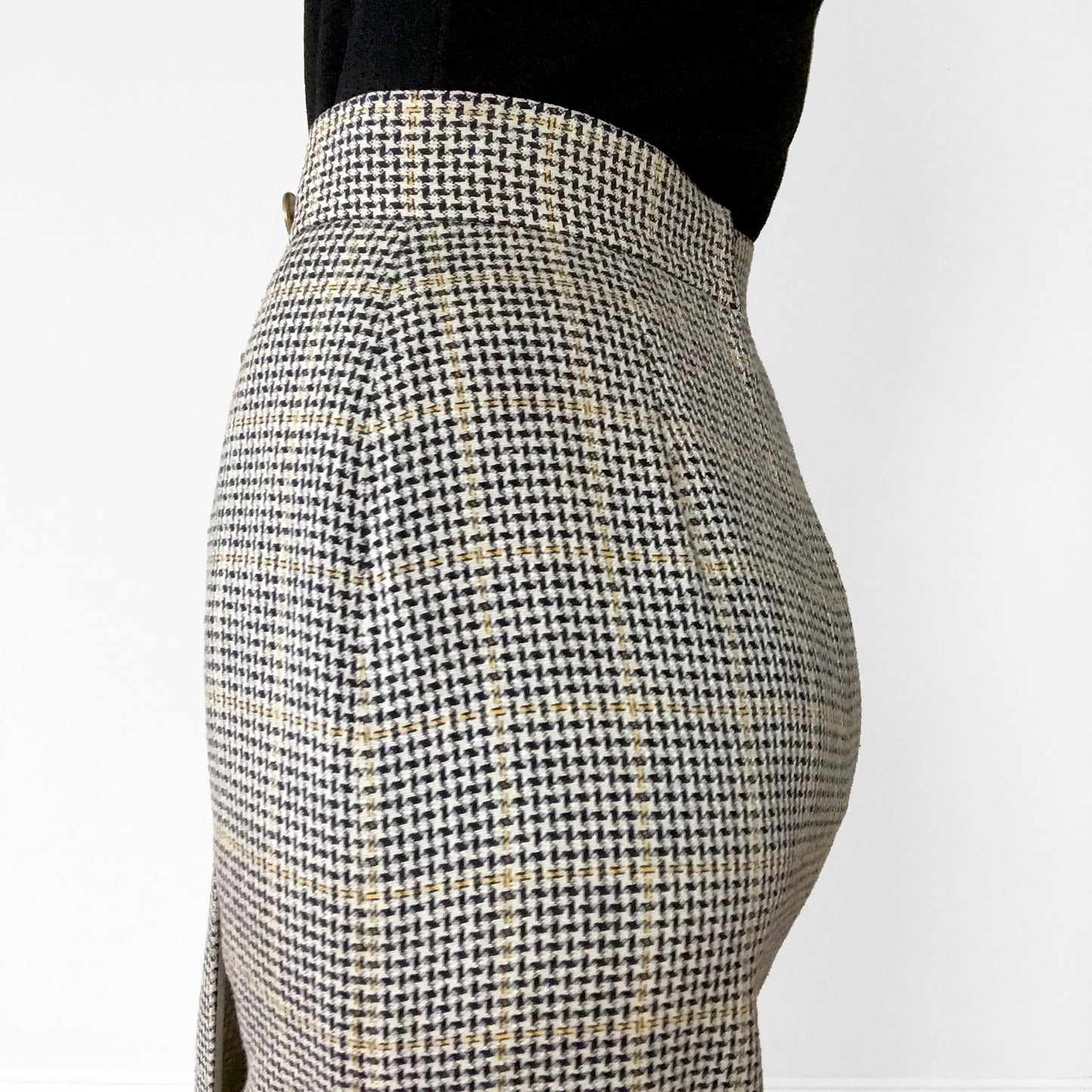 Made in the USA Black Grey and Yellow Gold-Buttoned Midi-Length High-Waisted Wool Plaid Skirt