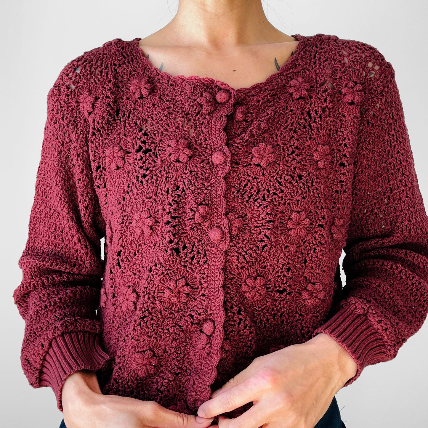 1990s Berry Toned Floral Crochet Knit Short-Waisted Cardigan Sweater