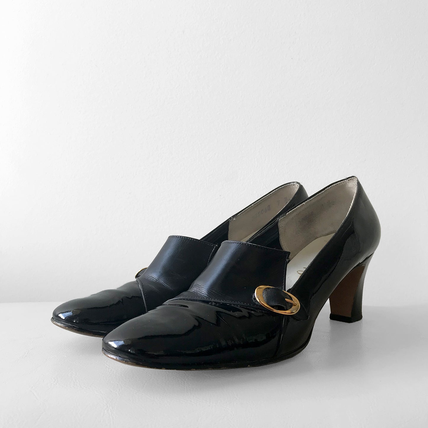 1960s Patent Leather Black Gold-Buckle, Slip-On Heels