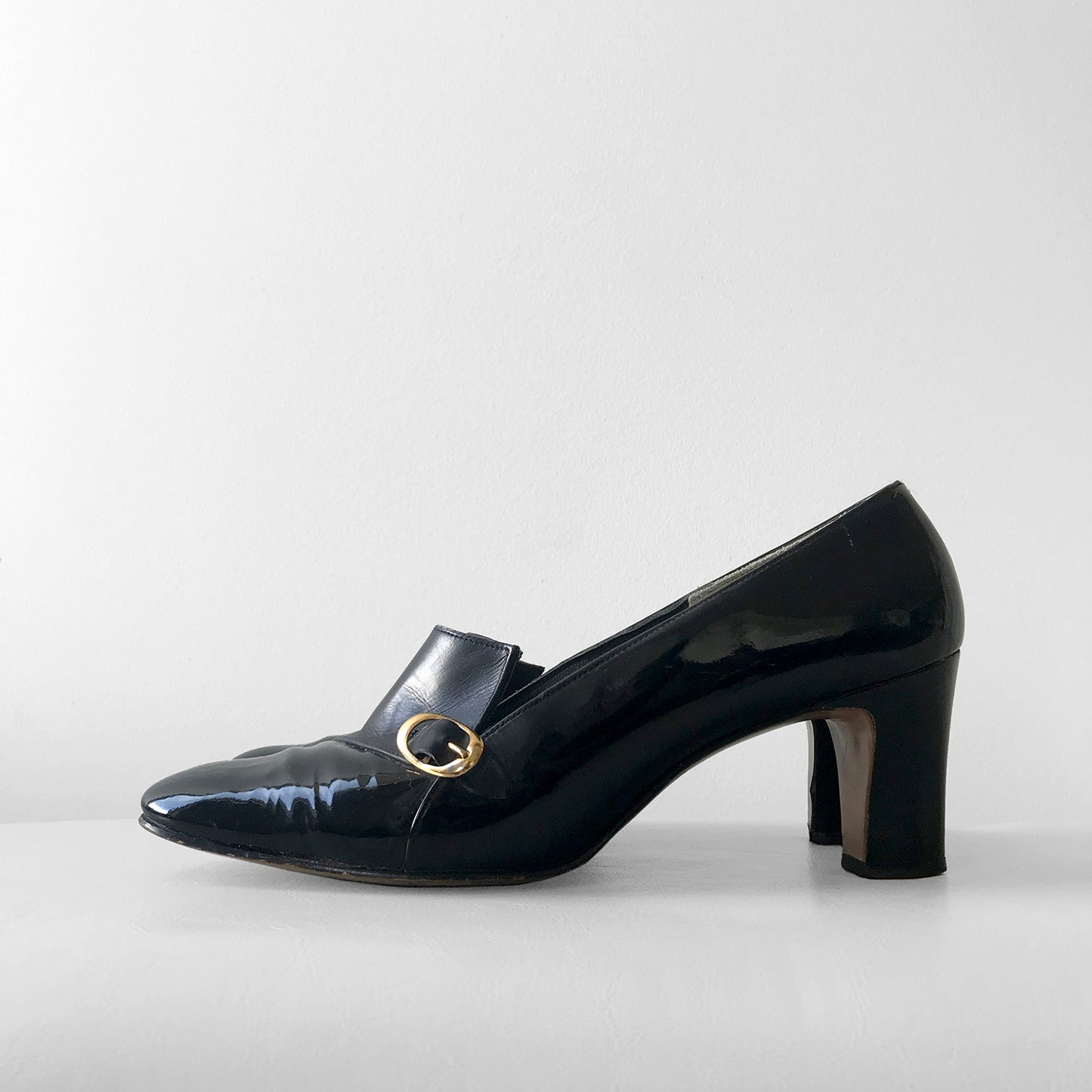 1960s Patent Leather Black Gold-Buckle, Slip-On Heels