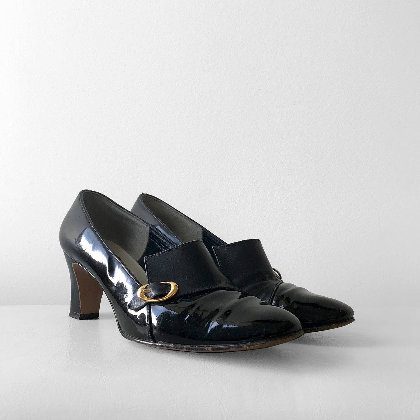 1960s Patent Leather Black Gold-Buckle, Slip-On Heels