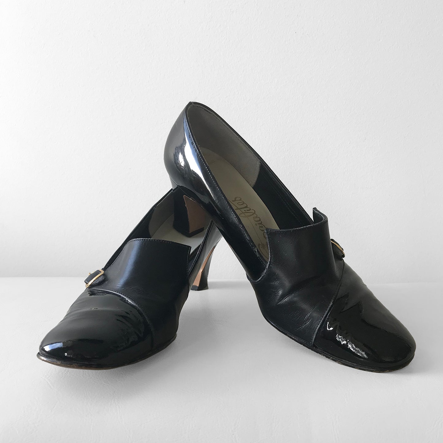 1960s Patent Leather Black Gold-Buckle, Slip-On Heels