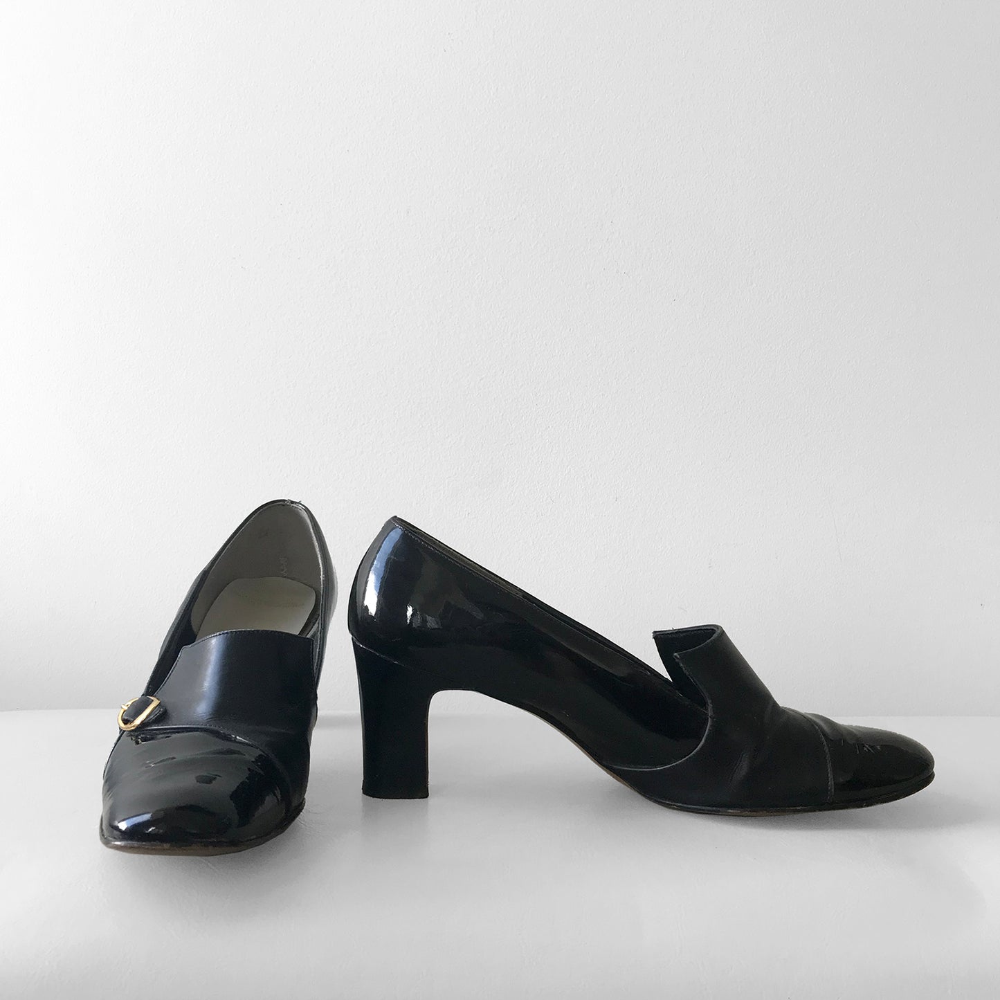 1960s Patent Leather Black Gold-Buckle, Slip-On Heels