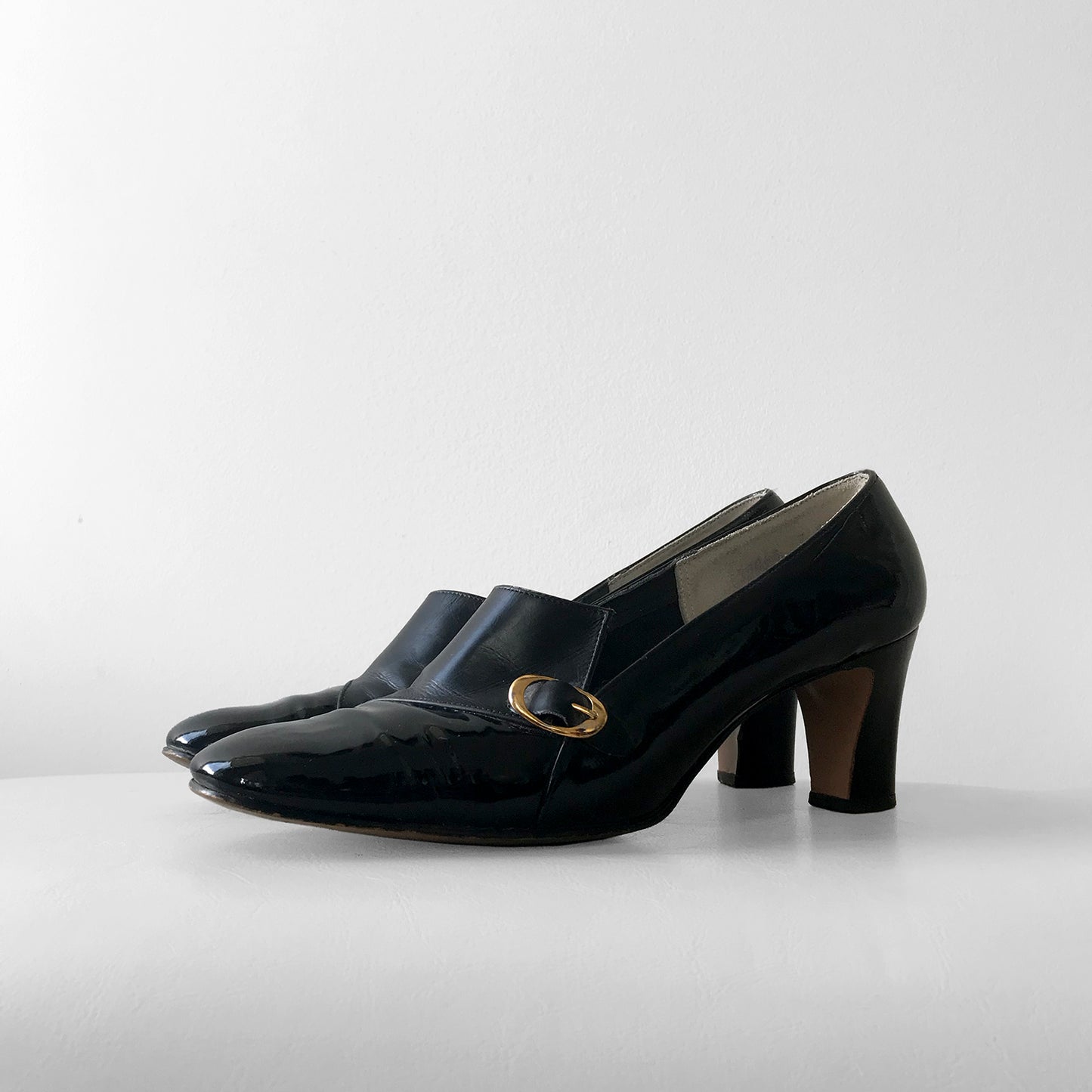 1960s Patent Leather Black Gold-Buckle, Slip-On Heels