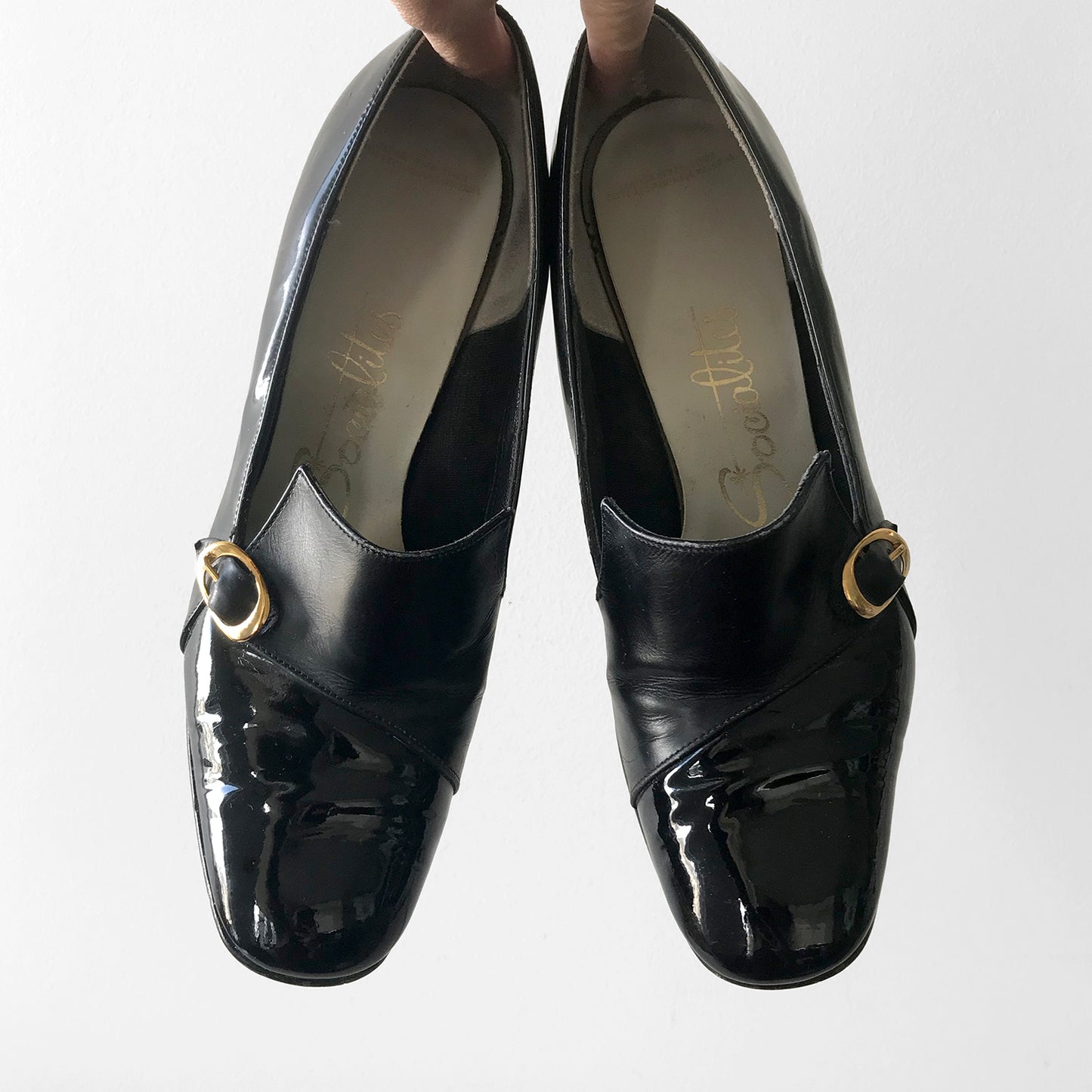 1960s Patent Leather Black Gold-Buckle, Slip-On Heels