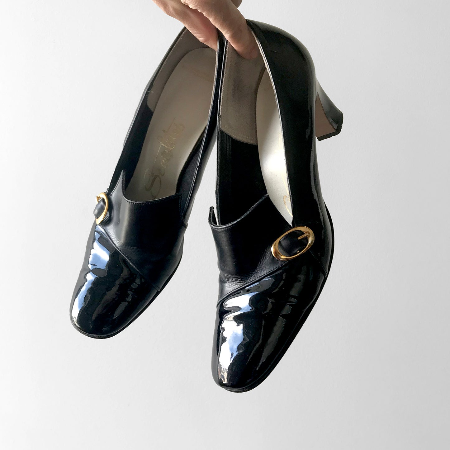 1960s Patent Leather Black Gold-Buckle, Slip-On Heels