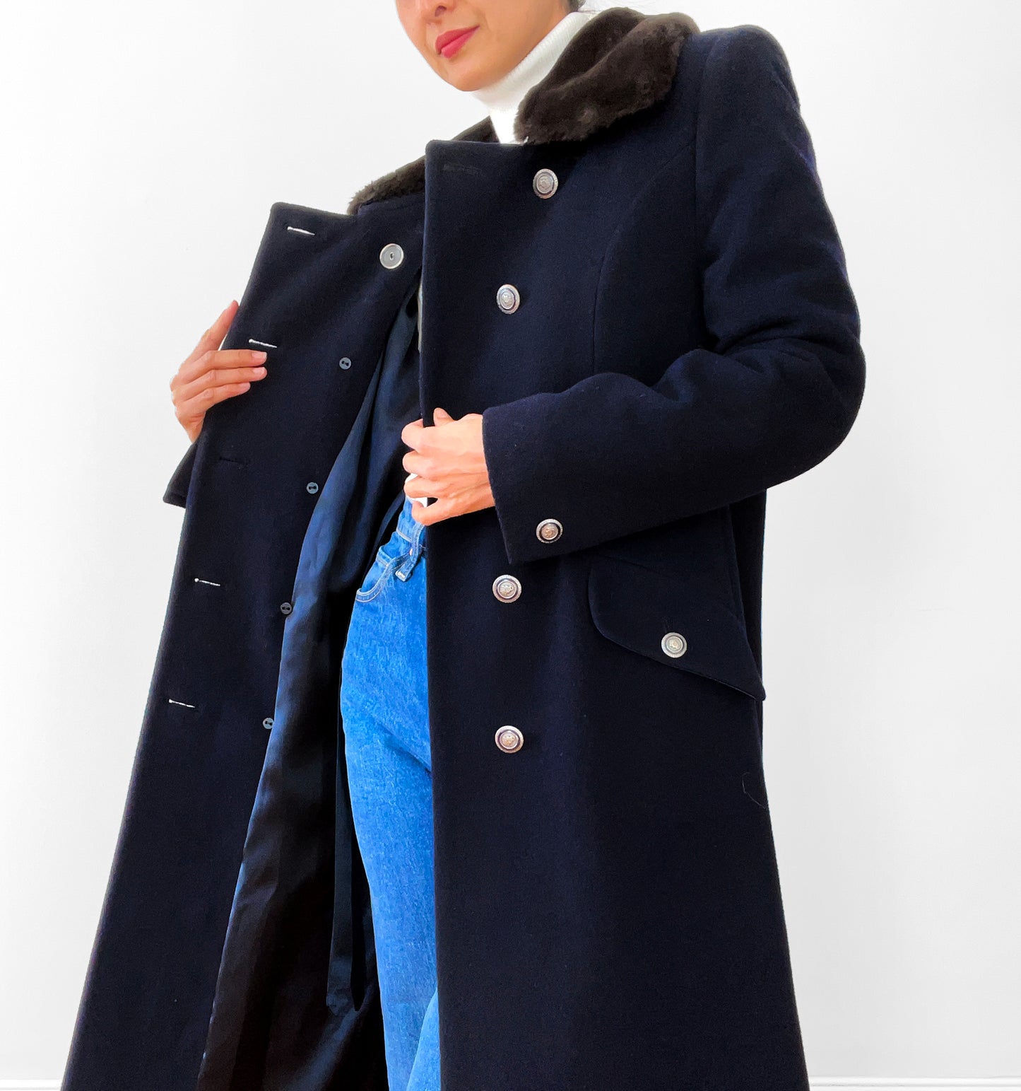 Navy Lambswool Naval- Inspired Double-Breasted Coat