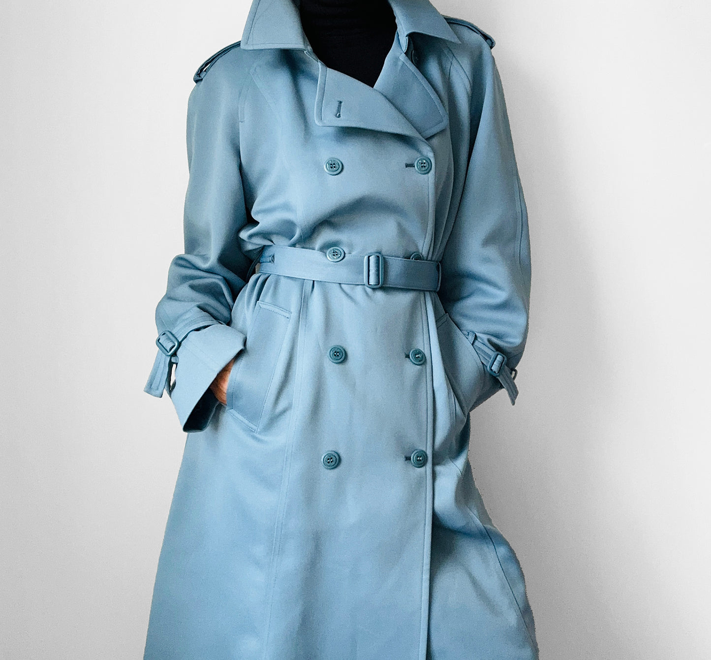 RESERVED!!! 1960s Powder Blue LONDON FOG Made in Canada Double-Breasted Belted Trench Coat - S/M/L