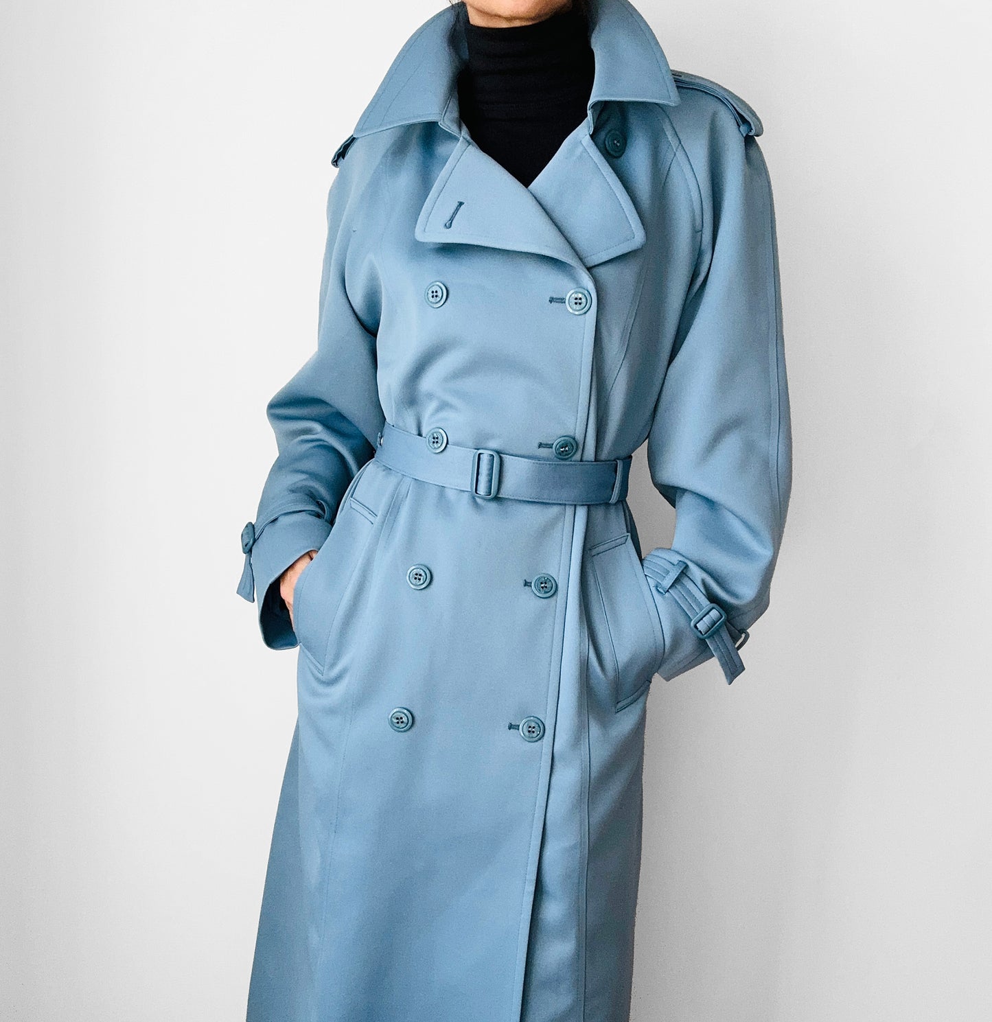 RESERVED!!! 1960s Powder Blue LONDON FOG Made in Canada Double-Breasted Belted Trench Coat - S/M/L