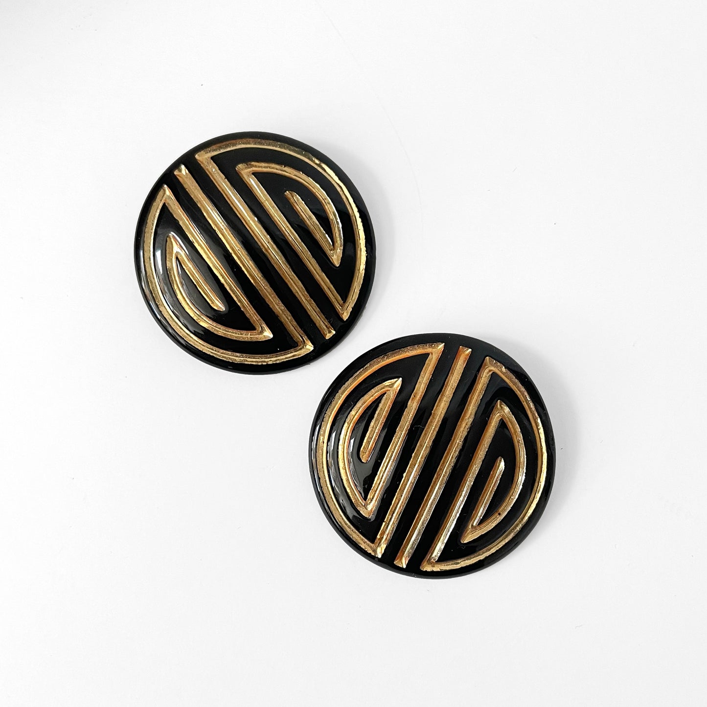 Black and Gold Lacquered Button-Style Geometric-Patterned Shoe-Clips