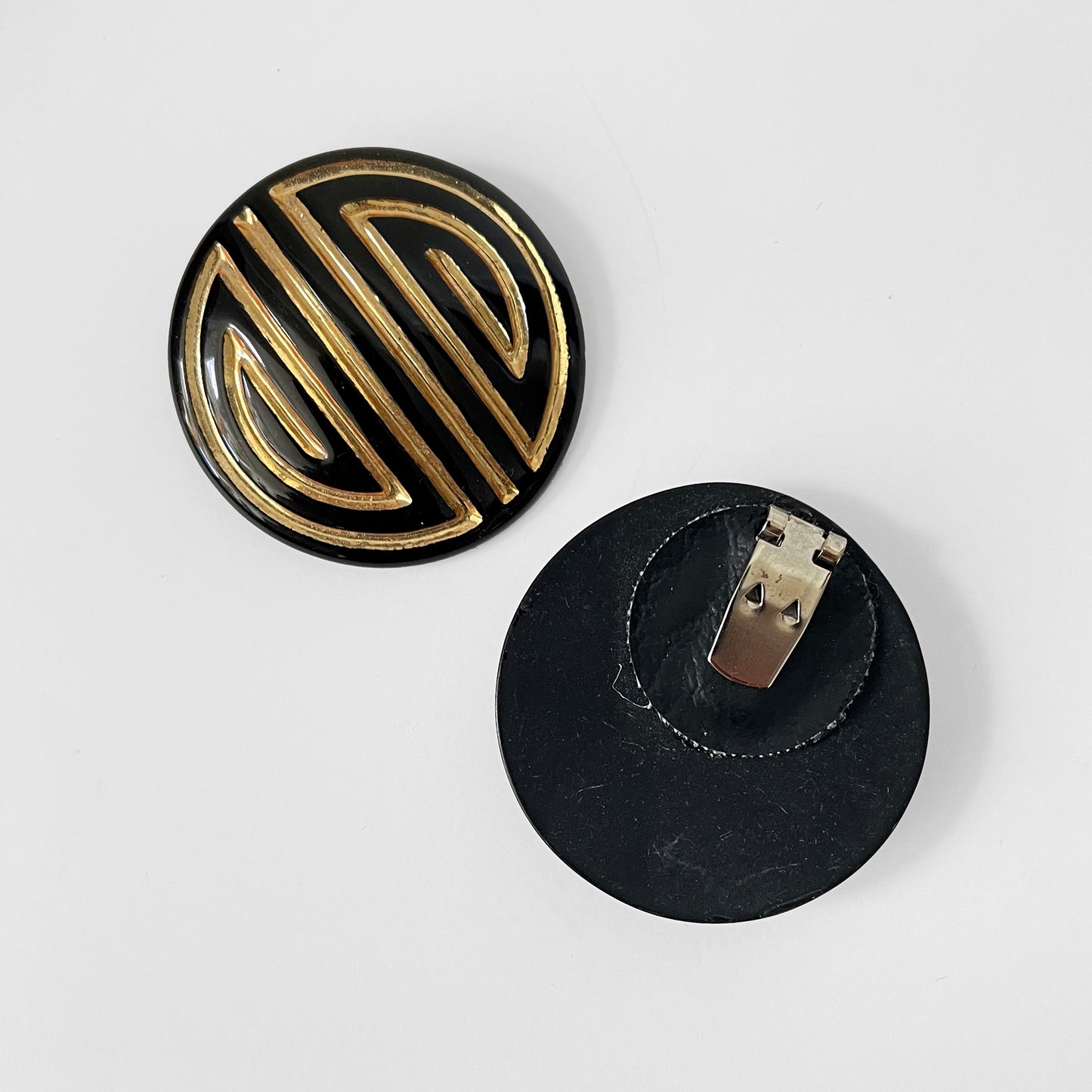 Black and Gold Lacquered Button-Style Geometric-Patterned Shoe-Clips