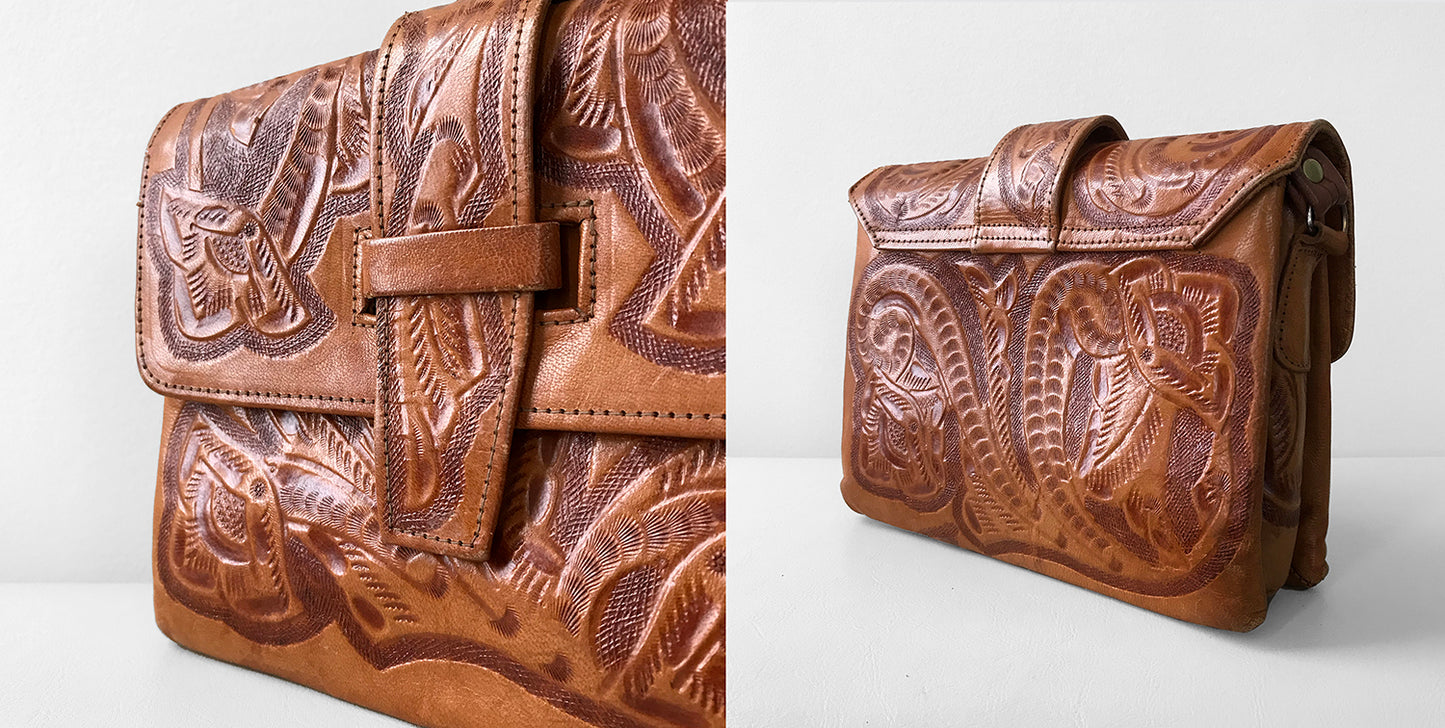 1960s - 1970s Tooled Leather Crossbody Shoulder Bag Purse