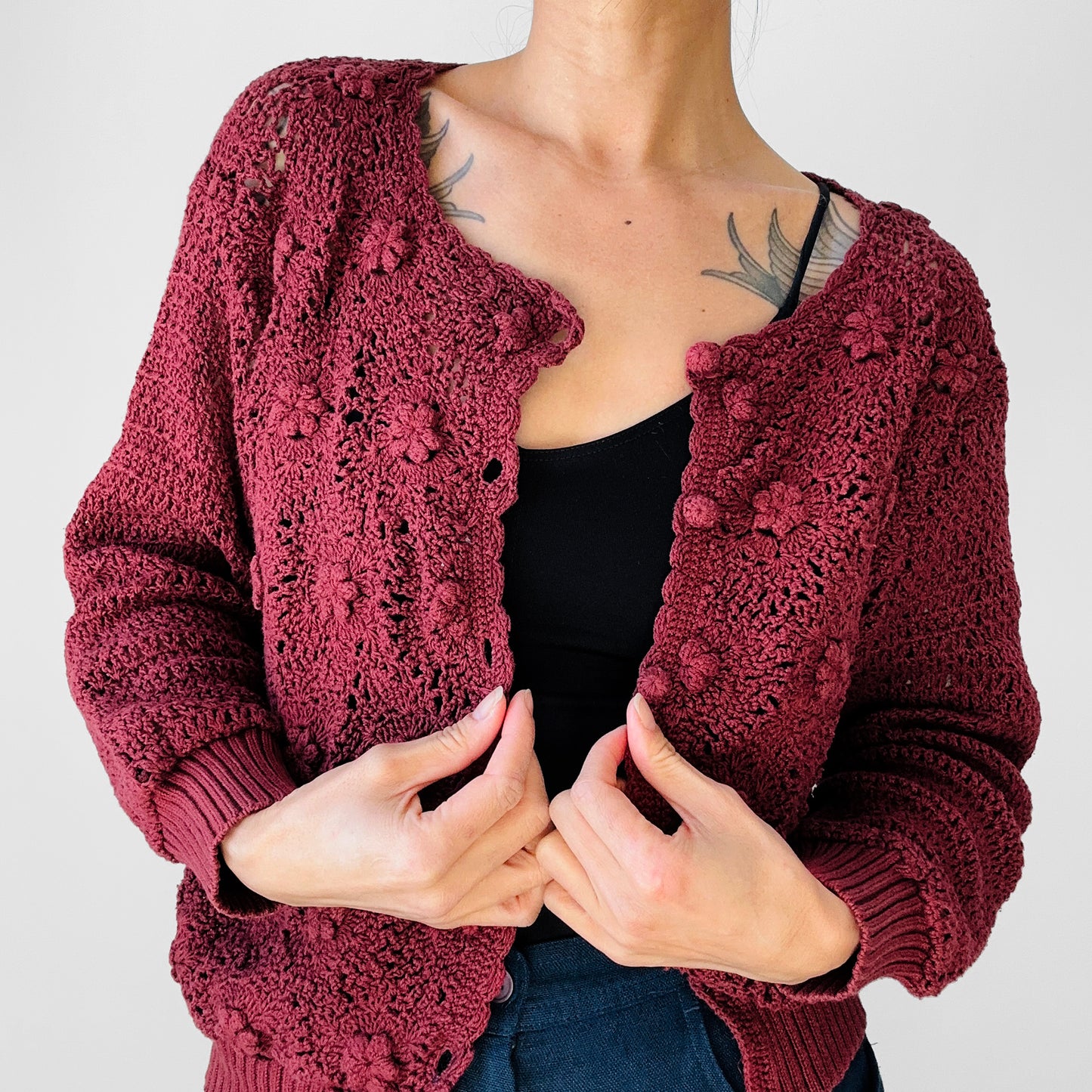 1990s Berry Toned Floral Crochet Knit Short-Waisted Cardigan Sweater