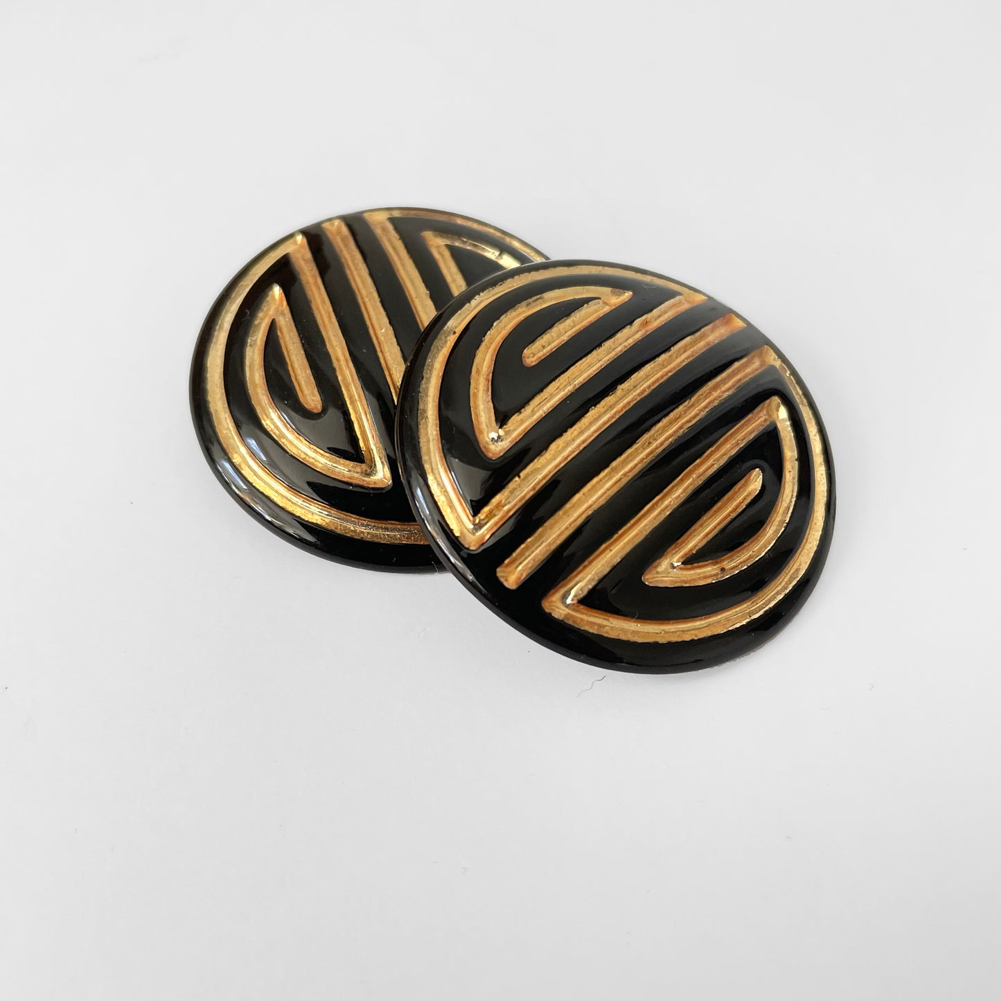 Black and Gold Lacquered Button-Style Geometric-Patterned Shoe-Clips