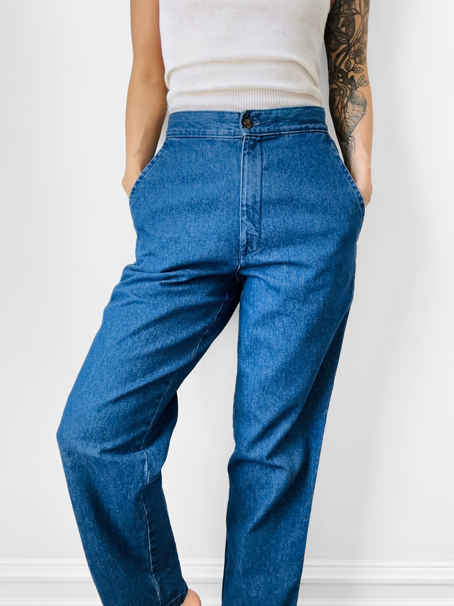 1990s Blue Chambray Flat Front Tapered Leg Trouser Pant - Waist 27