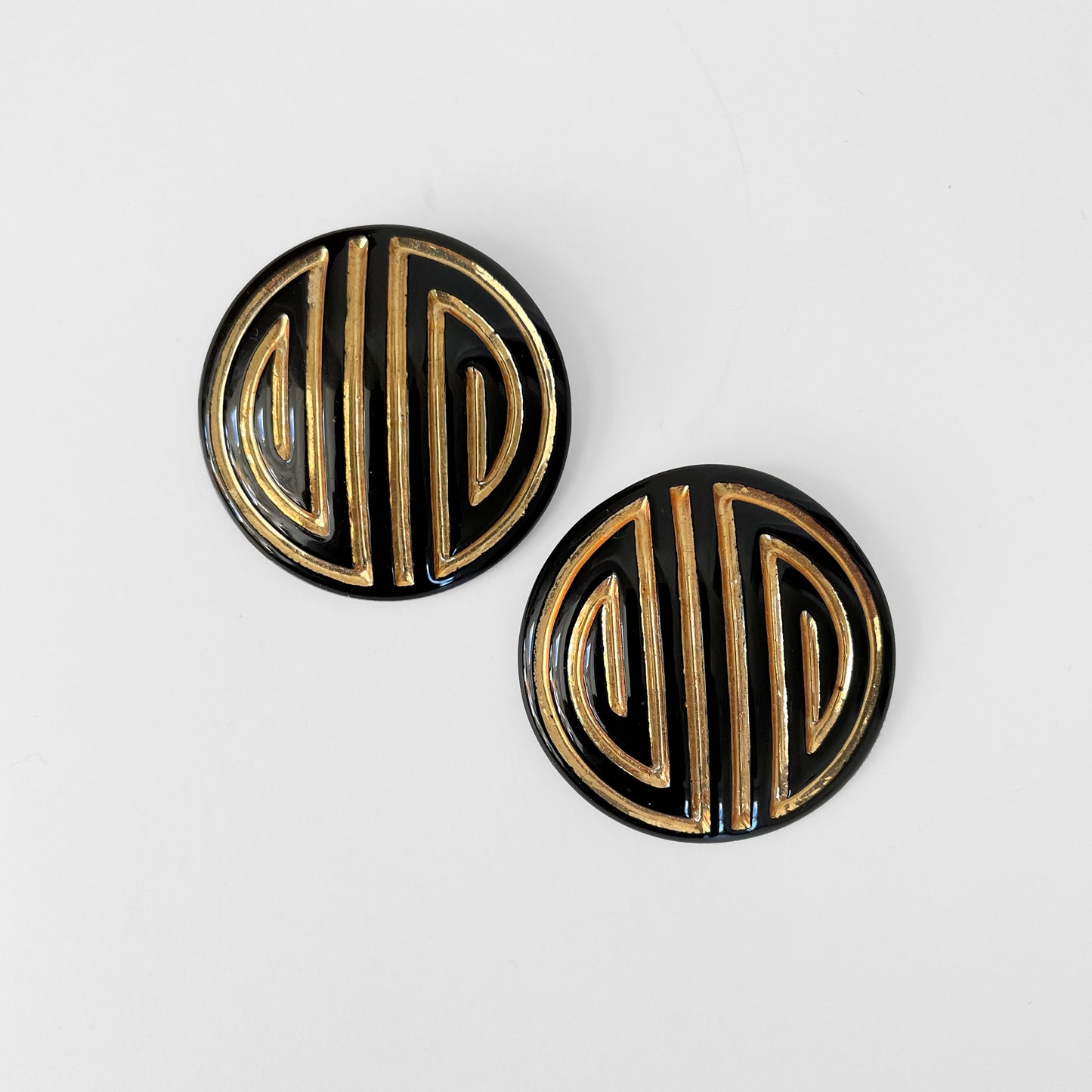 Black and Gold Lacquered Button-Style Geometric-Patterned Shoe-Clips