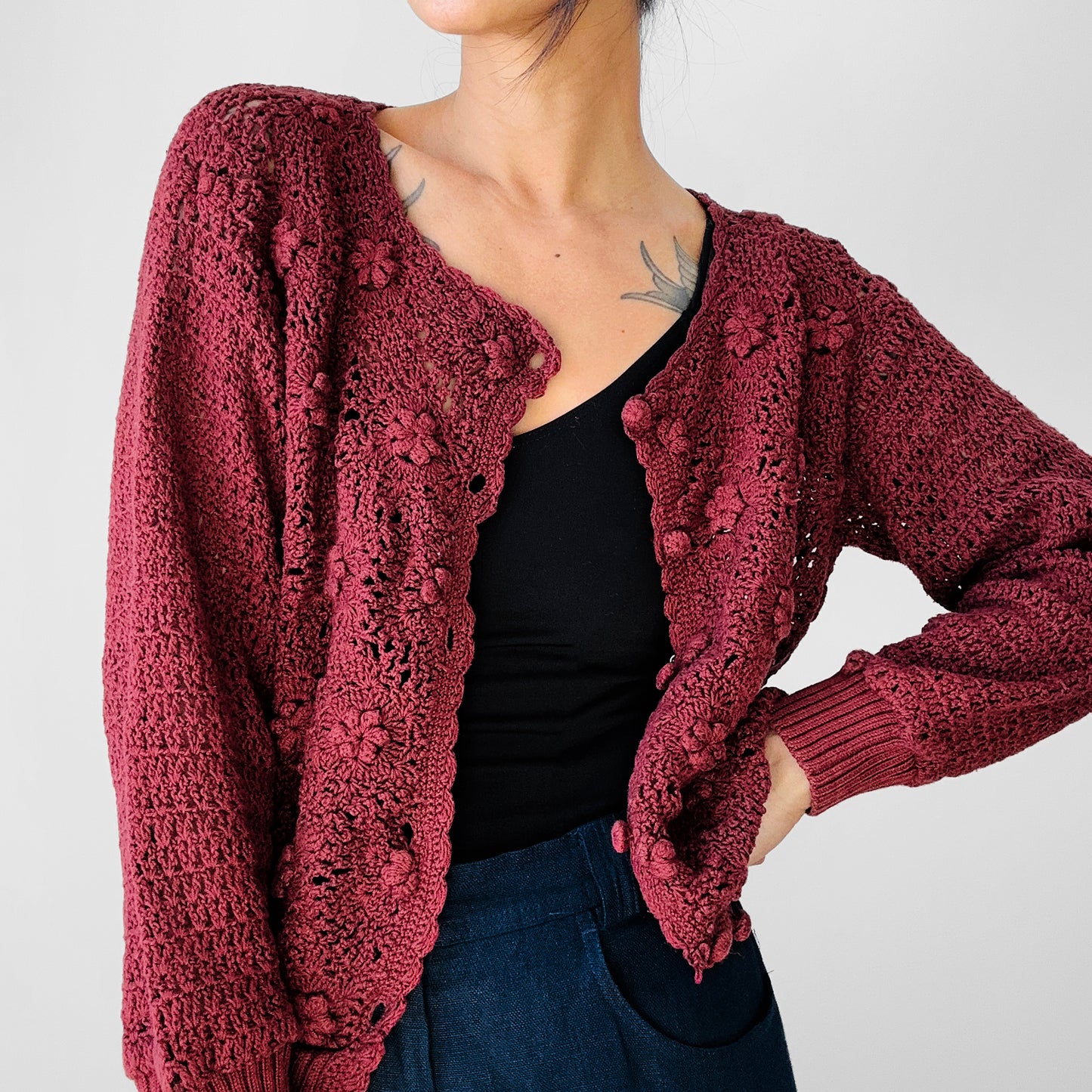 1990s Berry Toned Floral Crochet Knit Short-Waisted Cardigan Sweater