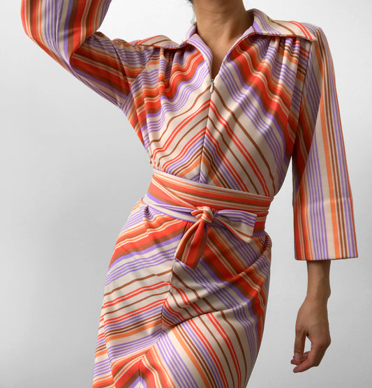 1970s Multi-Coloured Stripe Zip-Front Bell-Sleeve Collared Belted Knee-Length Dress