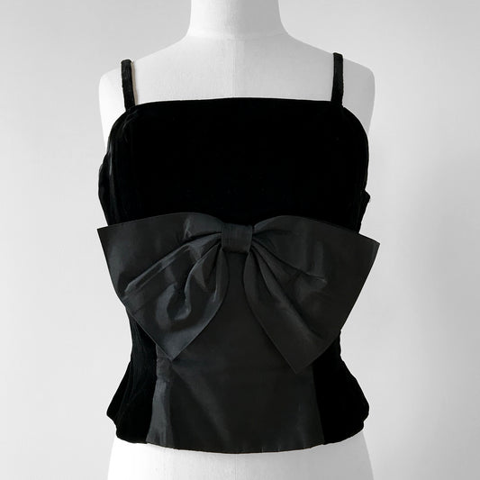 1960s Black Velvet and Taffeta Bow Front Side-Zip Peplum Sleeveless Top