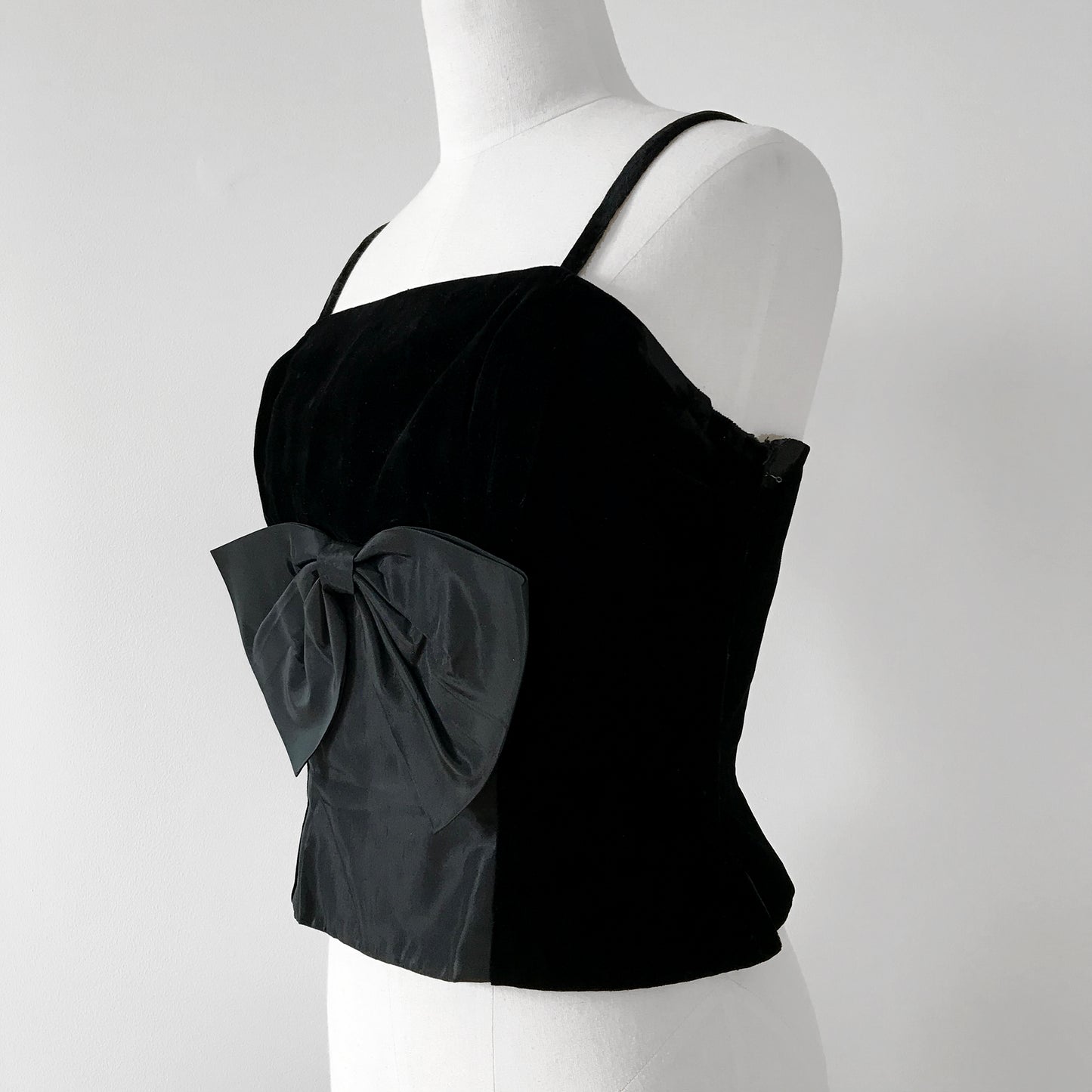 1960s Black Velvet and Taffeta Bow Front Side-Zip Peplum Sleeveless Top