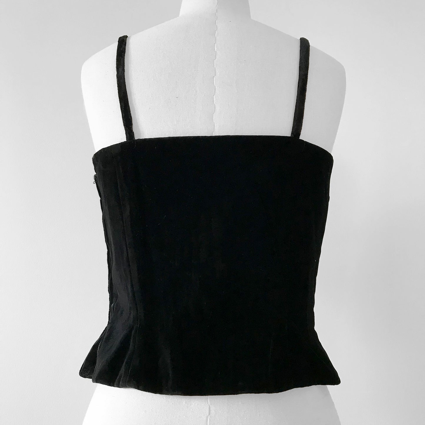 1960s Black Velvet and Taffeta Bow Front Side-Zip Peplum Sleeveless Top