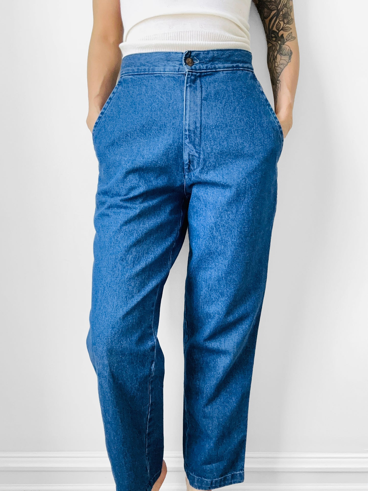 1990s Blue Chambray Flat Front Tapered Leg Trouser Pant - Waist 27