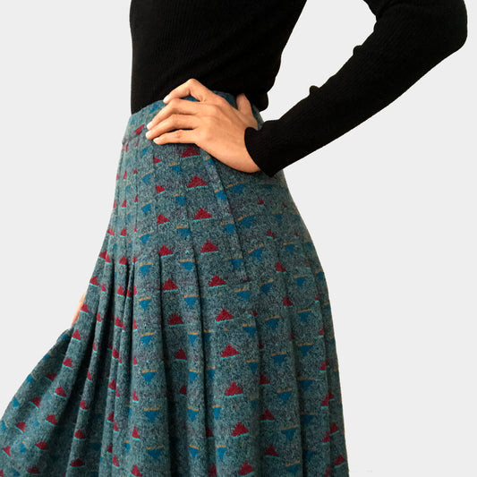 1980s Teal Patterned Pleated Fit and Flare Knit Skirt