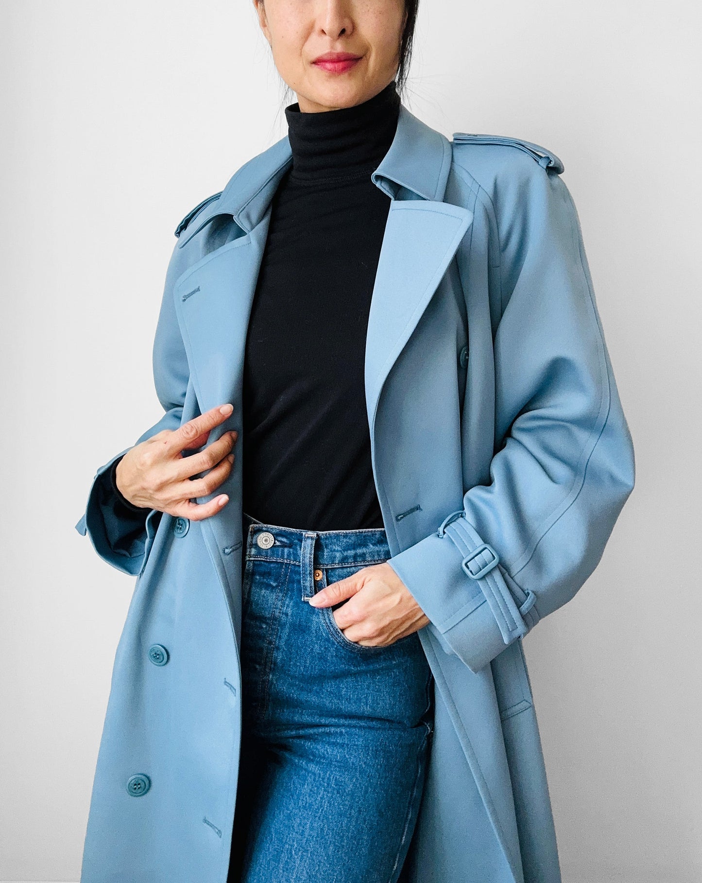 1960s Powder Blue LONDON FOG Made in Canada Double-Breasted Belted Trench Coat - S/M/L