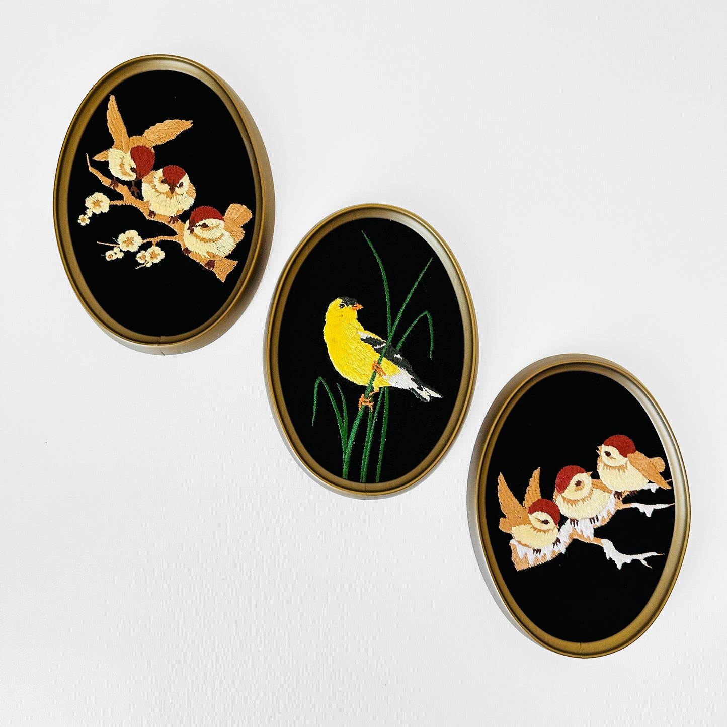 Set of 3 - 1980s Oval Embroidered Black Velvet Birdie Wall Hanging