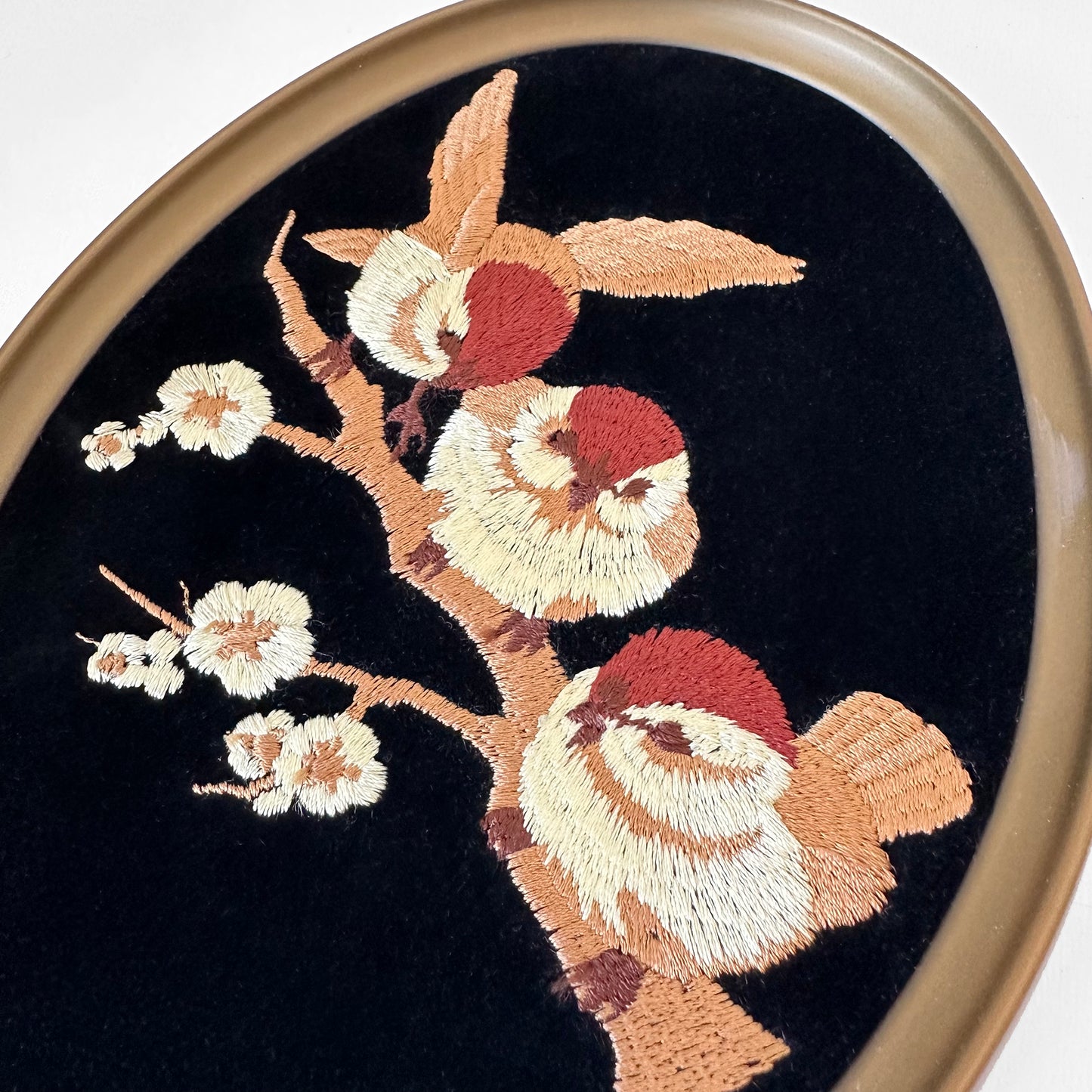 Set of 3 - 1980s Oval Embroidered Black Velvet Birdie Wall Hanging