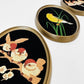 Set of 3 - 1980s Oval Embroidered Black Velvet Birdie Wall Hanging