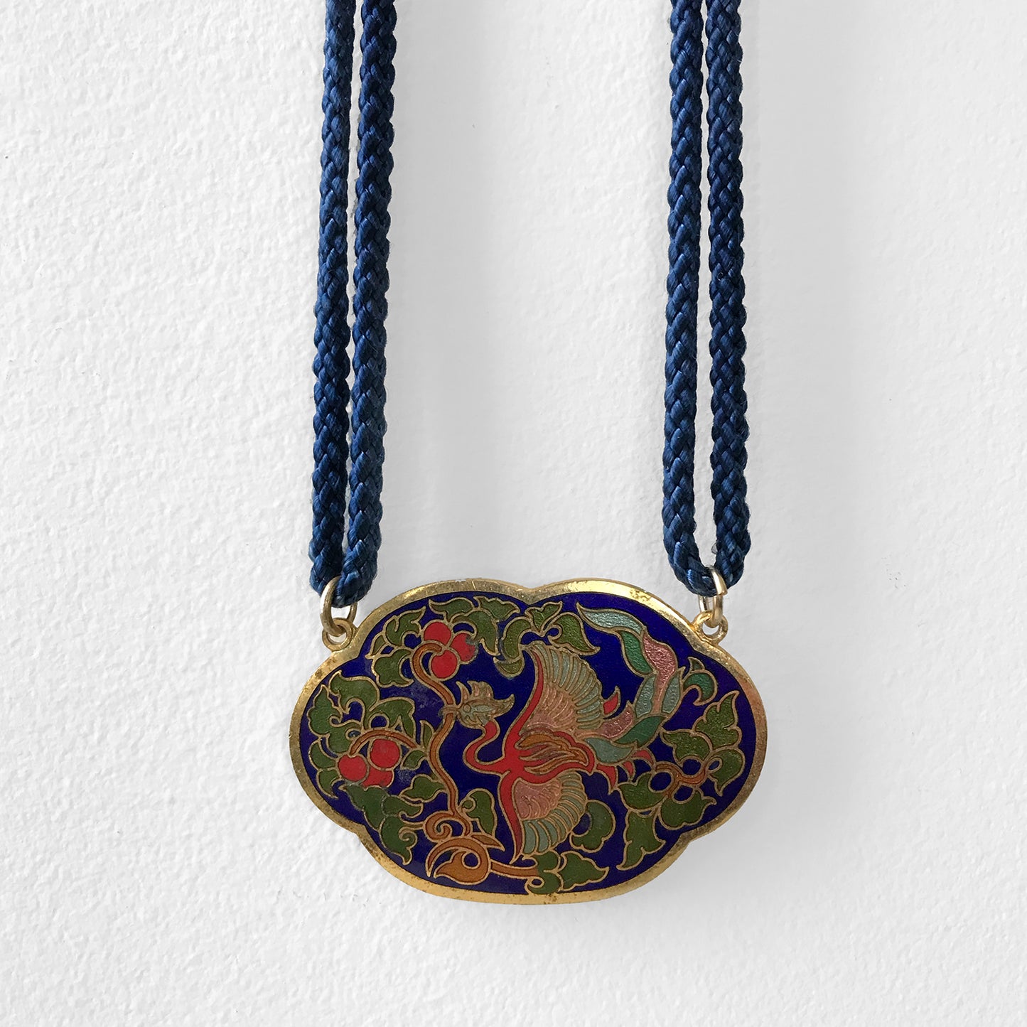 1960s, 60s, Phoenix Gold-Toned Enamelled Cloisonne Bird and Floral Medallion Necklace