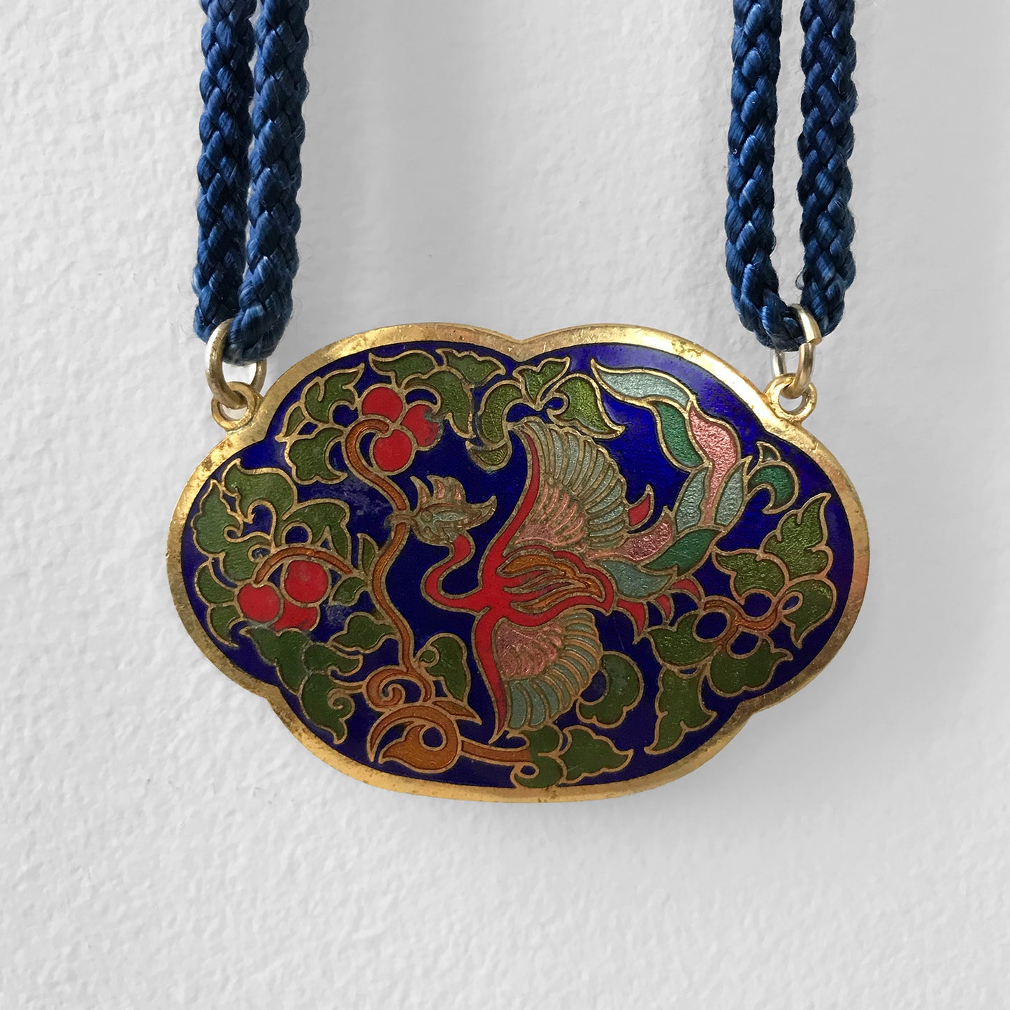 1960s, 60s, Phoenix Gold-Toned Enamelled Cloisonne Bird and Floral Medallion Necklace