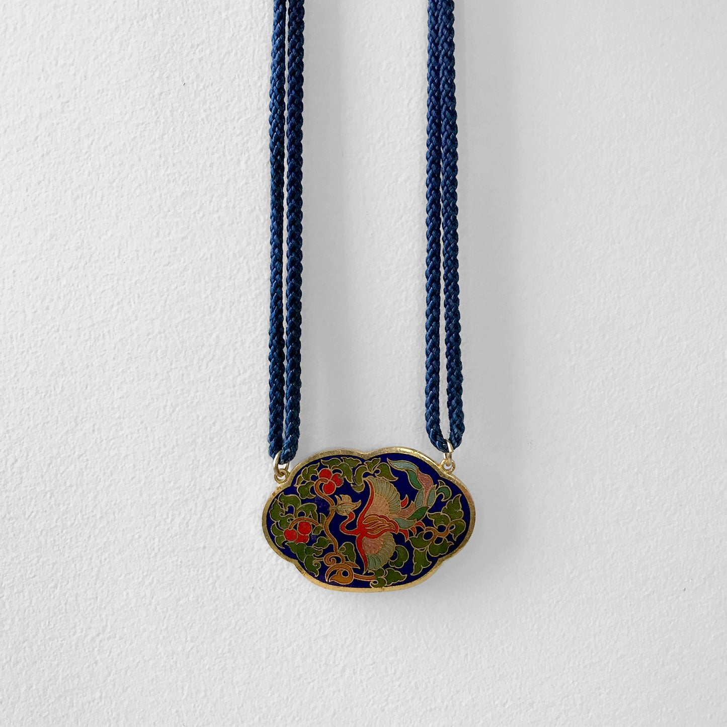 1960s, 60s, Phoenix Gold-Toned Enamelled Cloisonne Bird and Floral Medallion Necklace