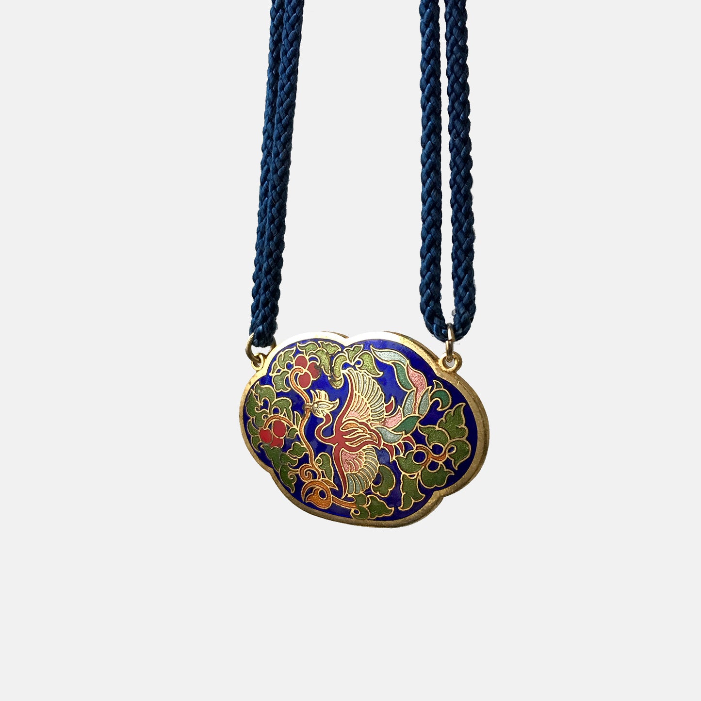 1960s, 60s, Phoenix Gold-Toned Enamelled Cloisonne Bird and Floral Medallion Necklace