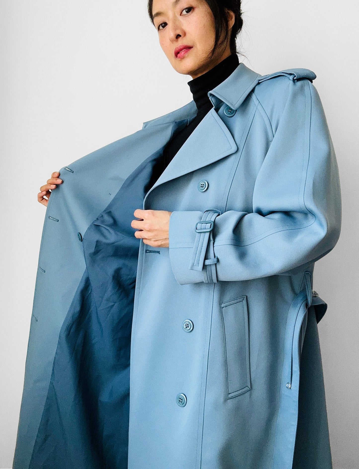 1960s Powder Blue LONDON FOG Made in Canada Double-Breasted Belted Trench Coat - S/M/L