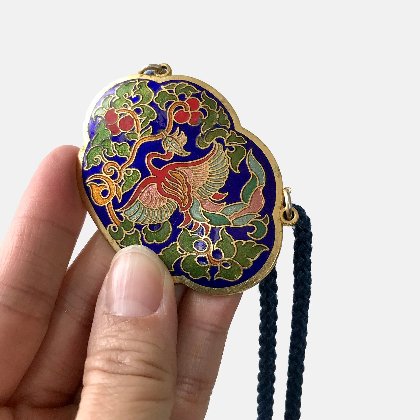 1960s, 60s, Phoenix Gold-Toned Enamelled Cloisonne Bird and Floral Medallion Necklace