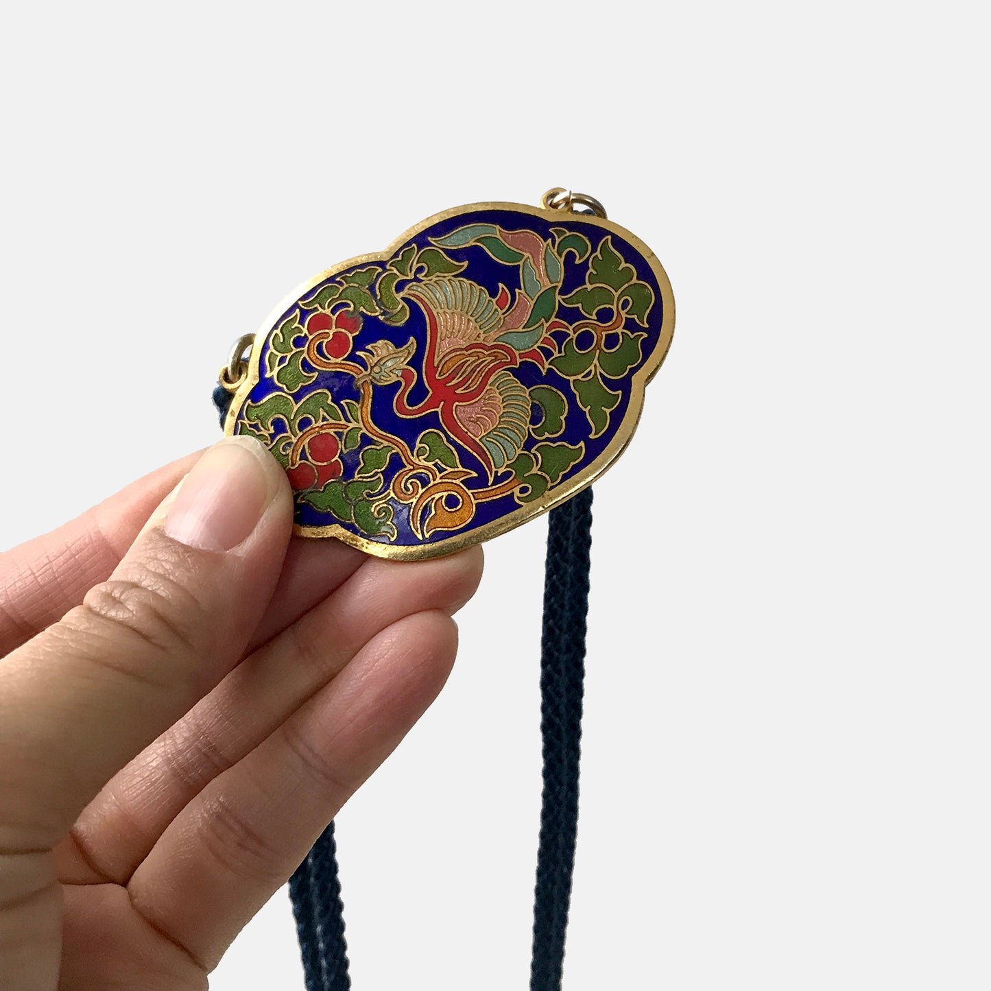 1960s, 60s, Phoenix Gold-Toned Enamelled Cloisonne Bird and Floral Medallion Necklace