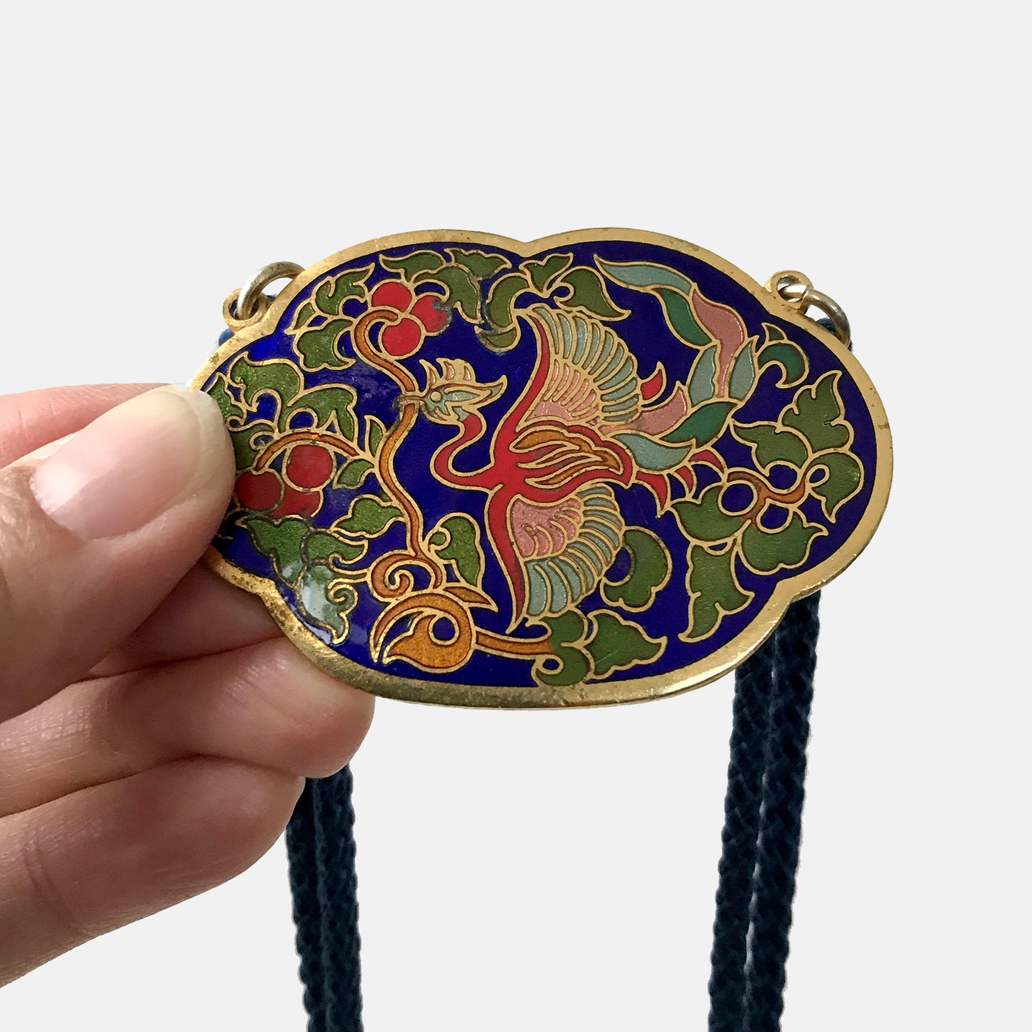 1960s, 60s, Phoenix Gold-Toned Enamelled Cloisonne Bird and Floral Medallion Necklace