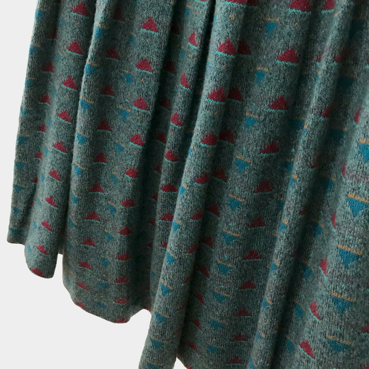 1980s Teal Patterned Pleated Fit and Flare Knit Skirt