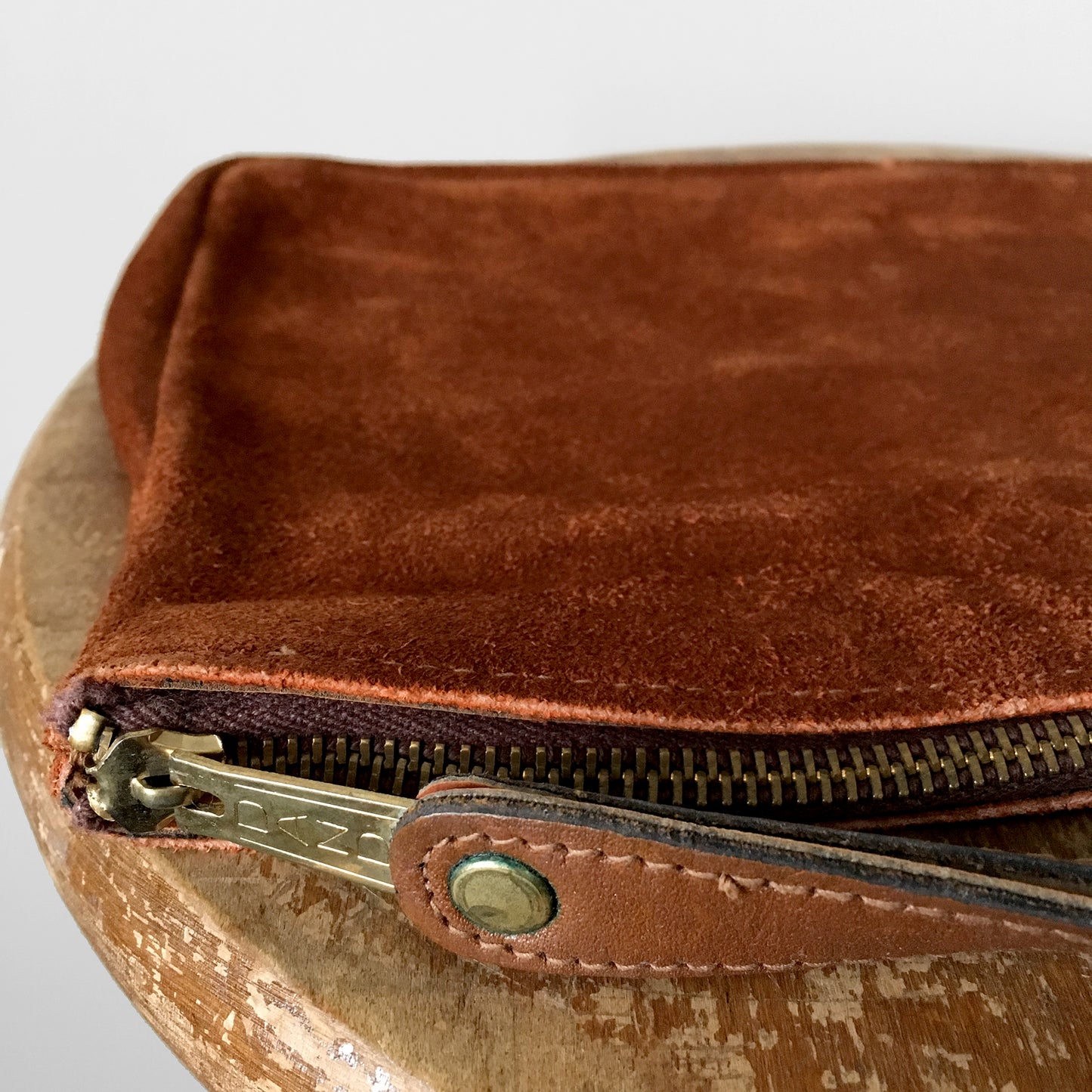 1970s Tobacco Brown Suede Leather Stripe Wristlet Clutch Purse